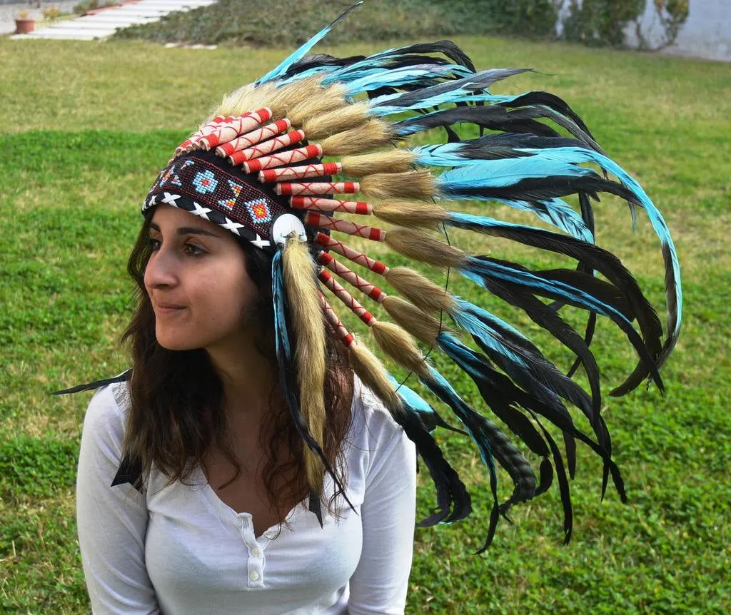 S37-Indian Light Blue / Turquoise  and dark Feather Headdress / Warbonnet