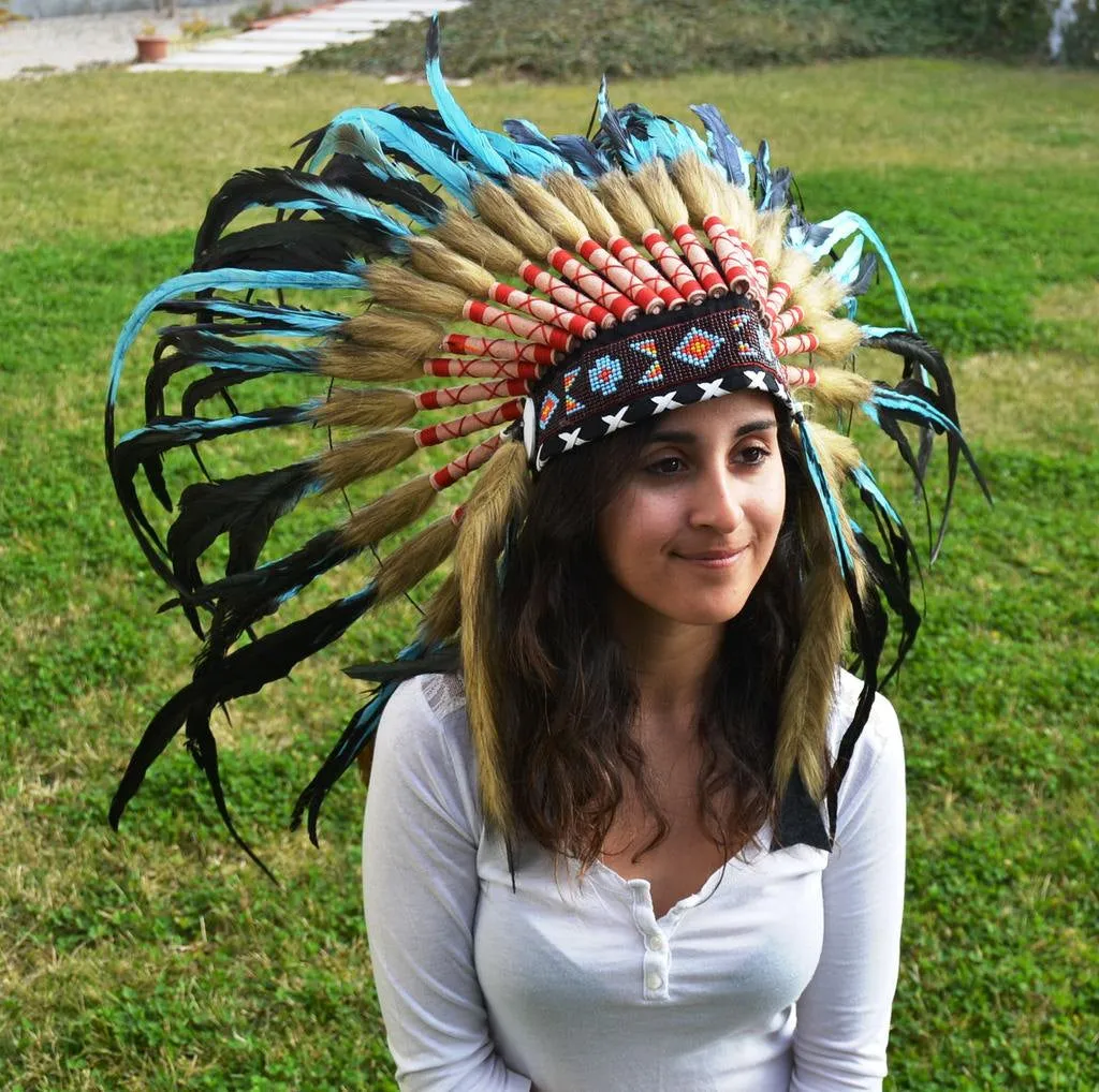 S37-Indian Light Blue / Turquoise  and dark Feather Headdress / Warbonnet