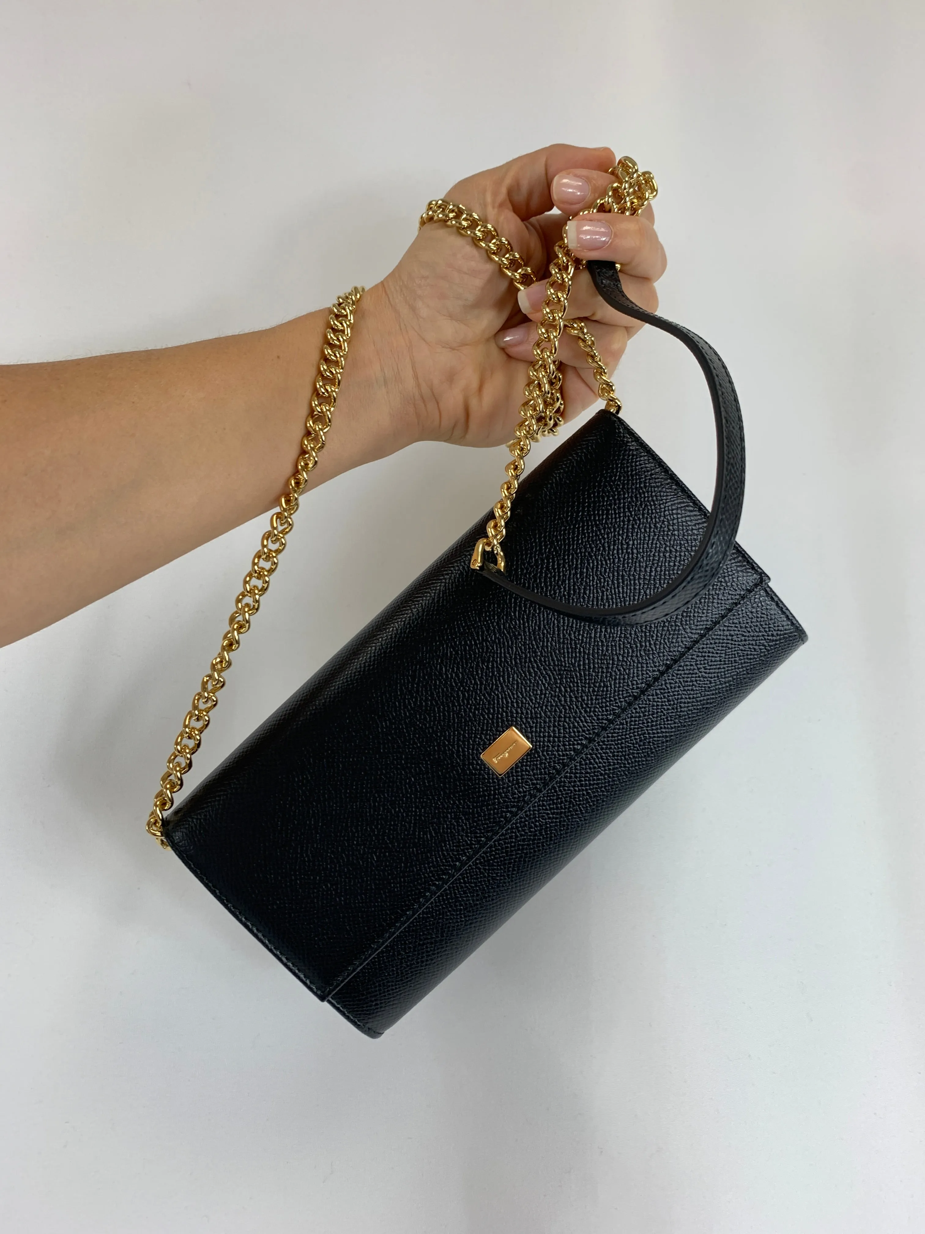 Salvatore Ferragamo Wallet on Gold Chain in Black