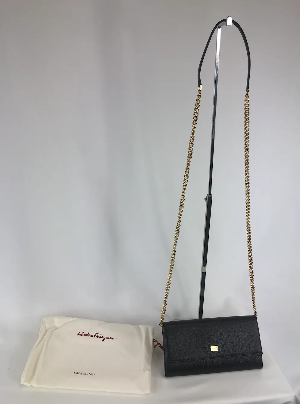 Salvatore Ferragamo Wallet on Gold Chain in Black