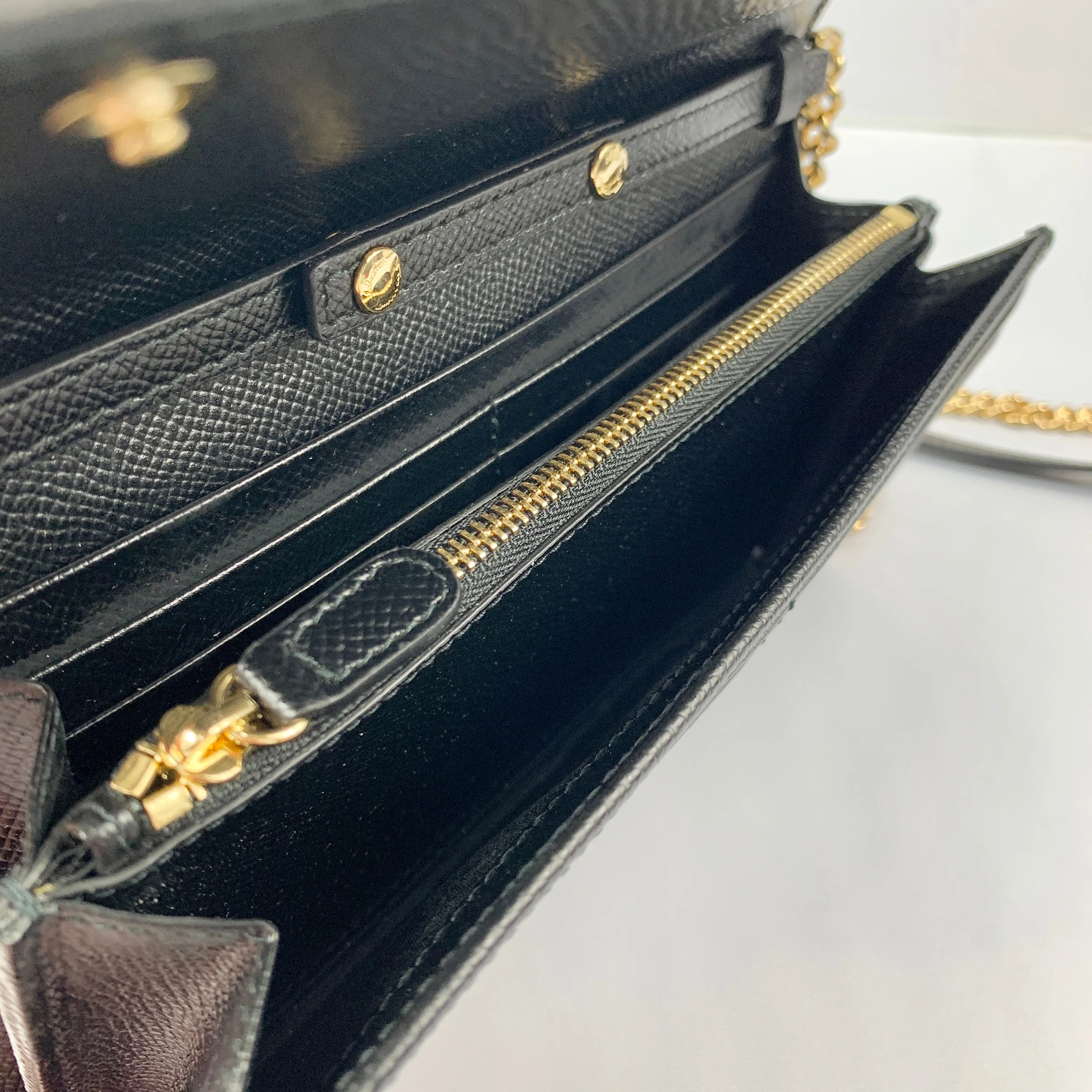 Salvatore Ferragamo Wallet on Gold Chain in Black