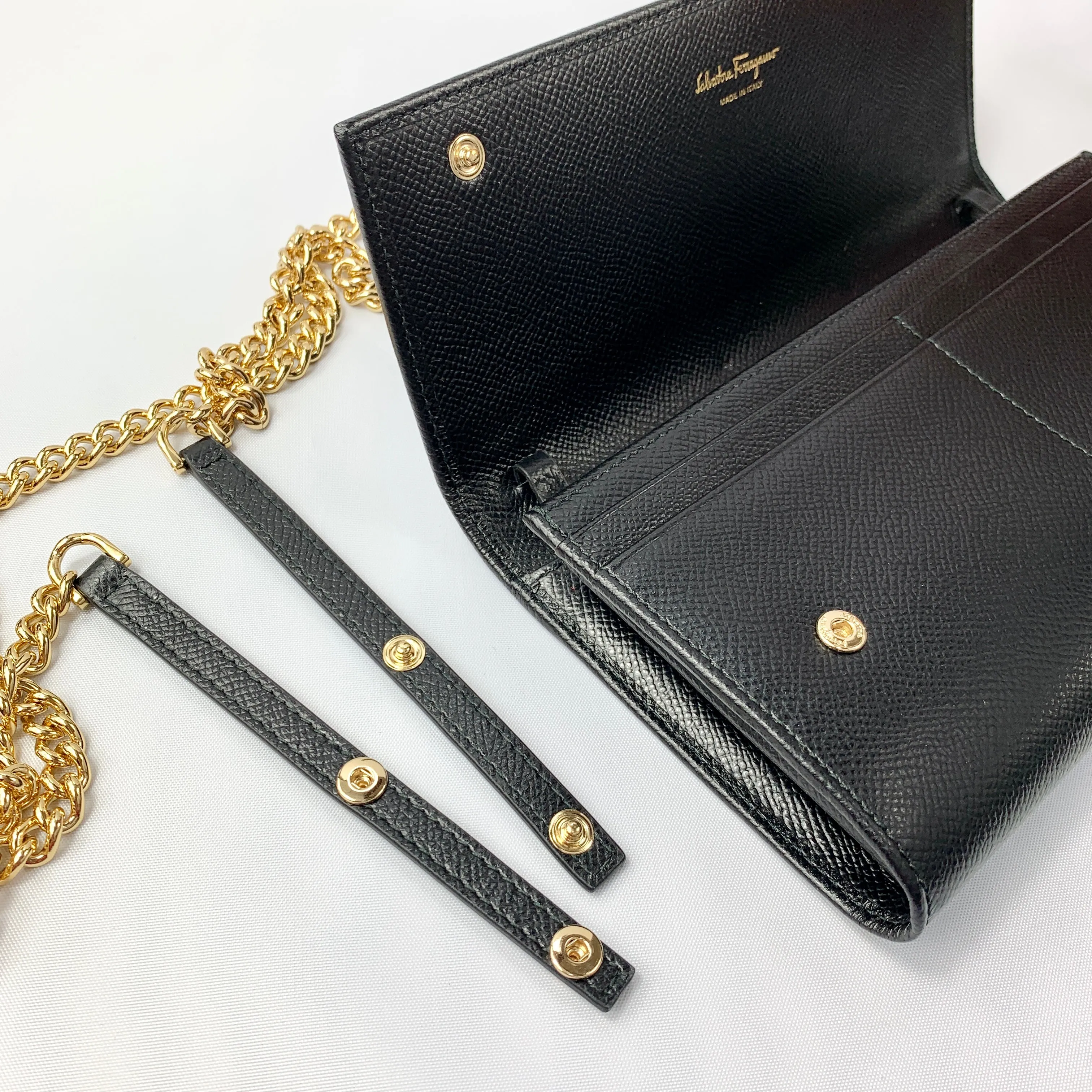 Salvatore Ferragamo Wallet on Gold Chain in Black