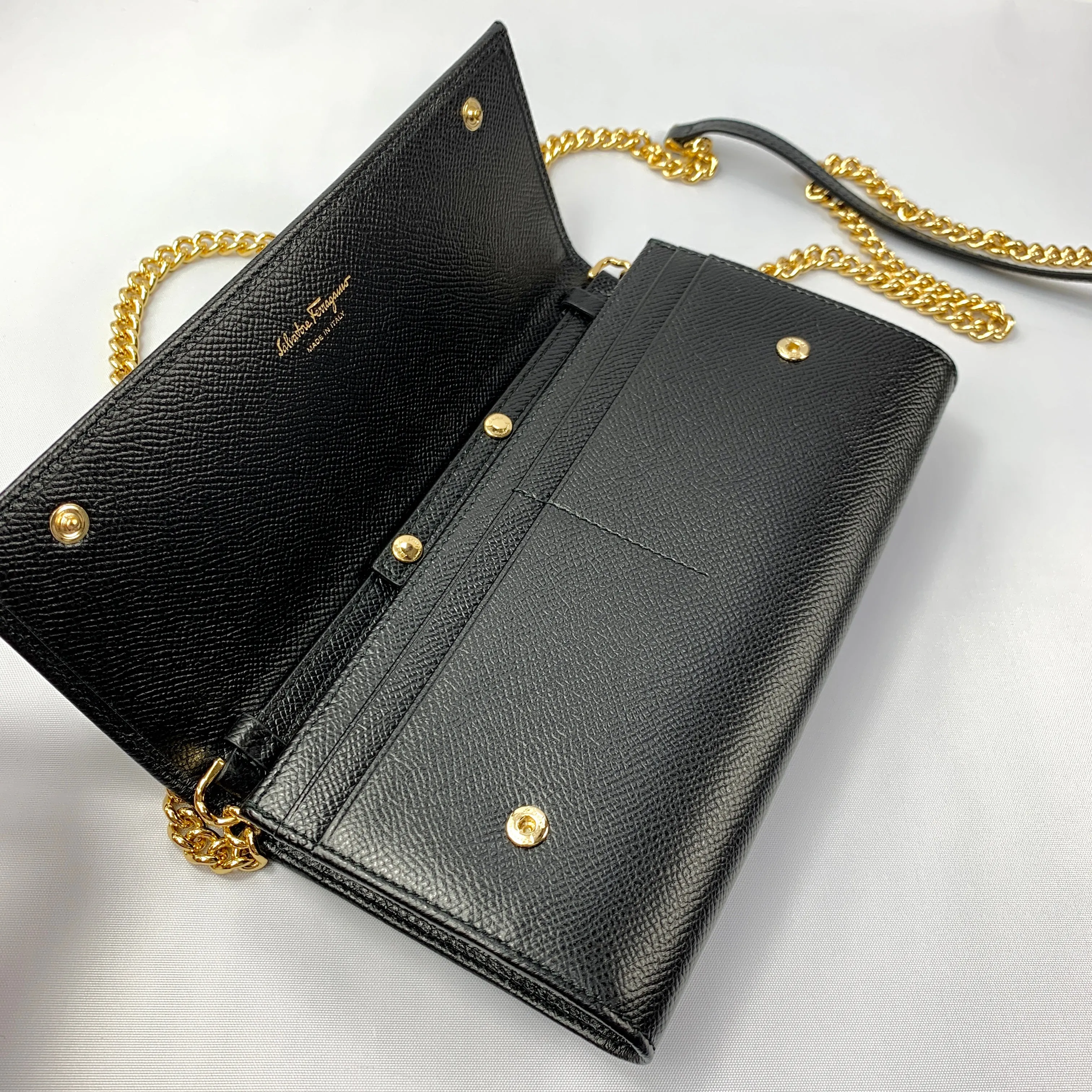 Salvatore Ferragamo Wallet on Gold Chain in Black