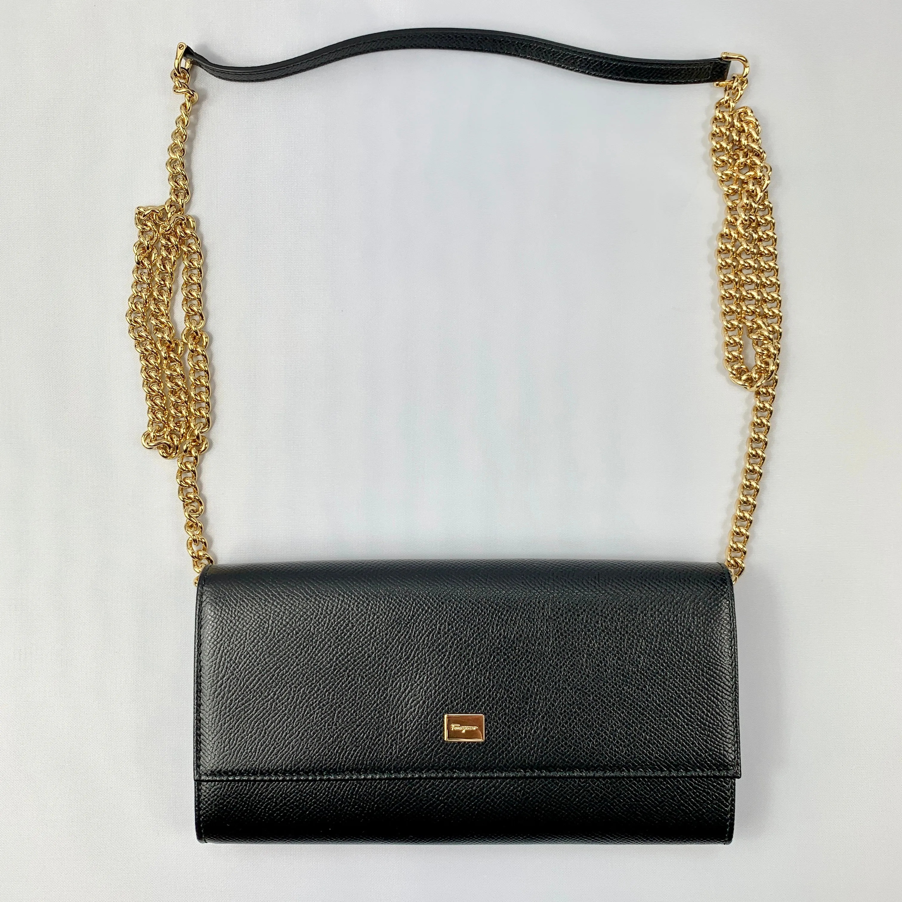 Salvatore Ferragamo Wallet on Gold Chain in Black