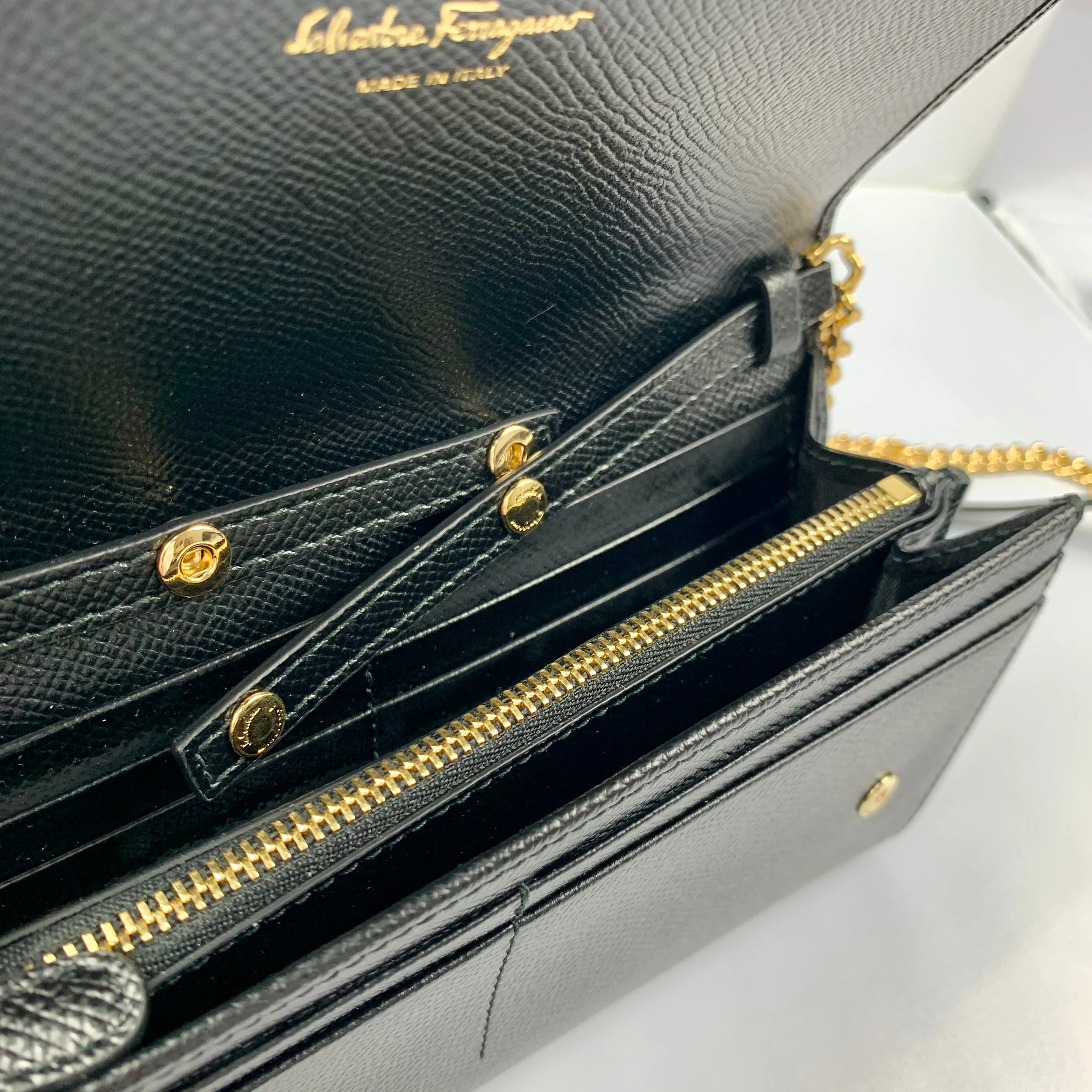 Salvatore Ferragamo Wallet on Gold Chain in Black
