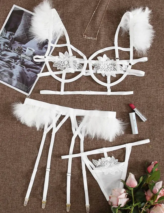 Sexy Egypt 3pcs Embroidery Applique Feather Bra Panty Set With Underwire