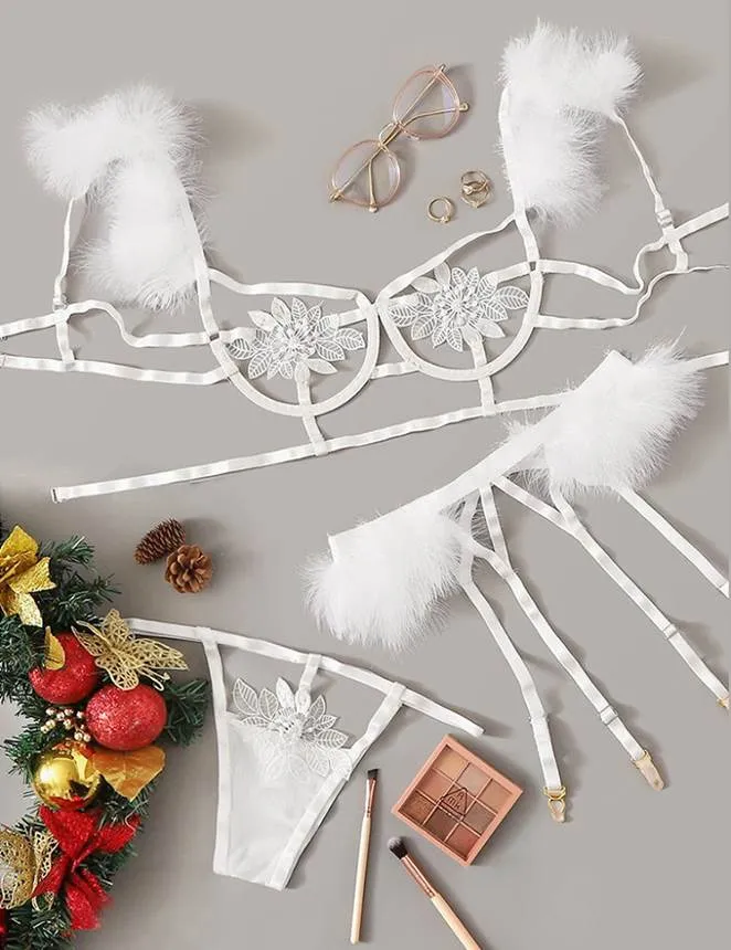 Sexy Egypt 3pcs Embroidery Applique Feather Bra Panty Set With Underwire