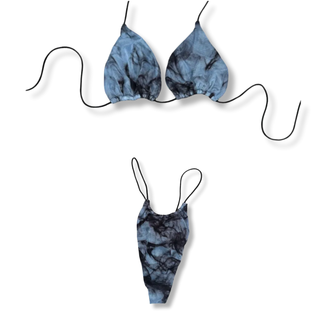 Sky Blue Mesh Tie Dye String Bikini