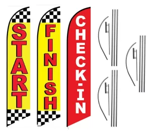 Start Finish and Check-in Advertising Package of 3 Feather Banner Swooper Flag Kits with Ground Spikes, for Marathons and Special Events