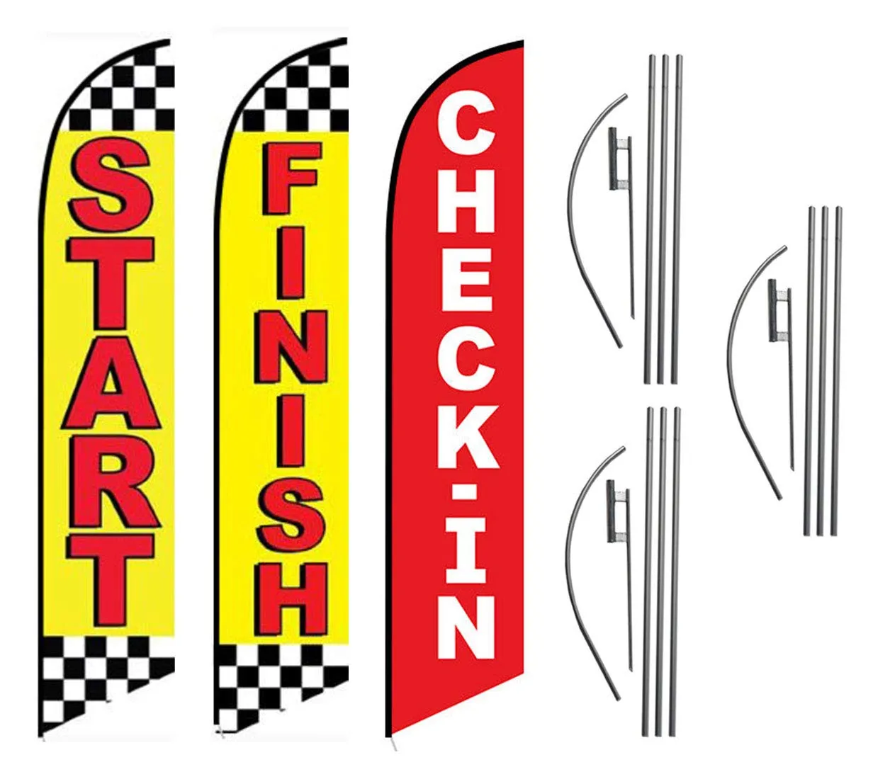 Start Finish and Check-in Advertising Package of 3 Feather Banner Swooper Flag Kits with Ground Spikes, for Marathons and Special Events