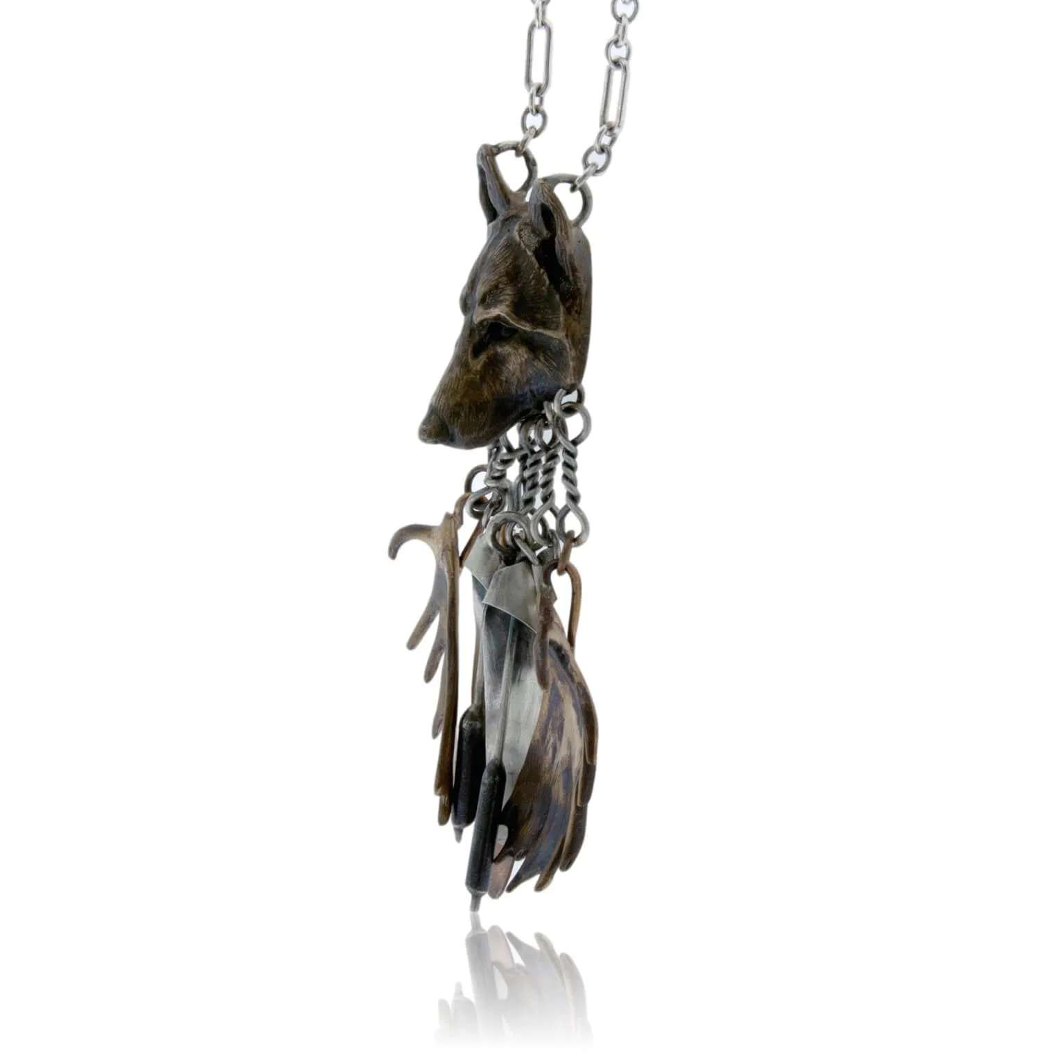 Sterling Silver Alpha Wolf Head with Dangles Pendant w/Chain