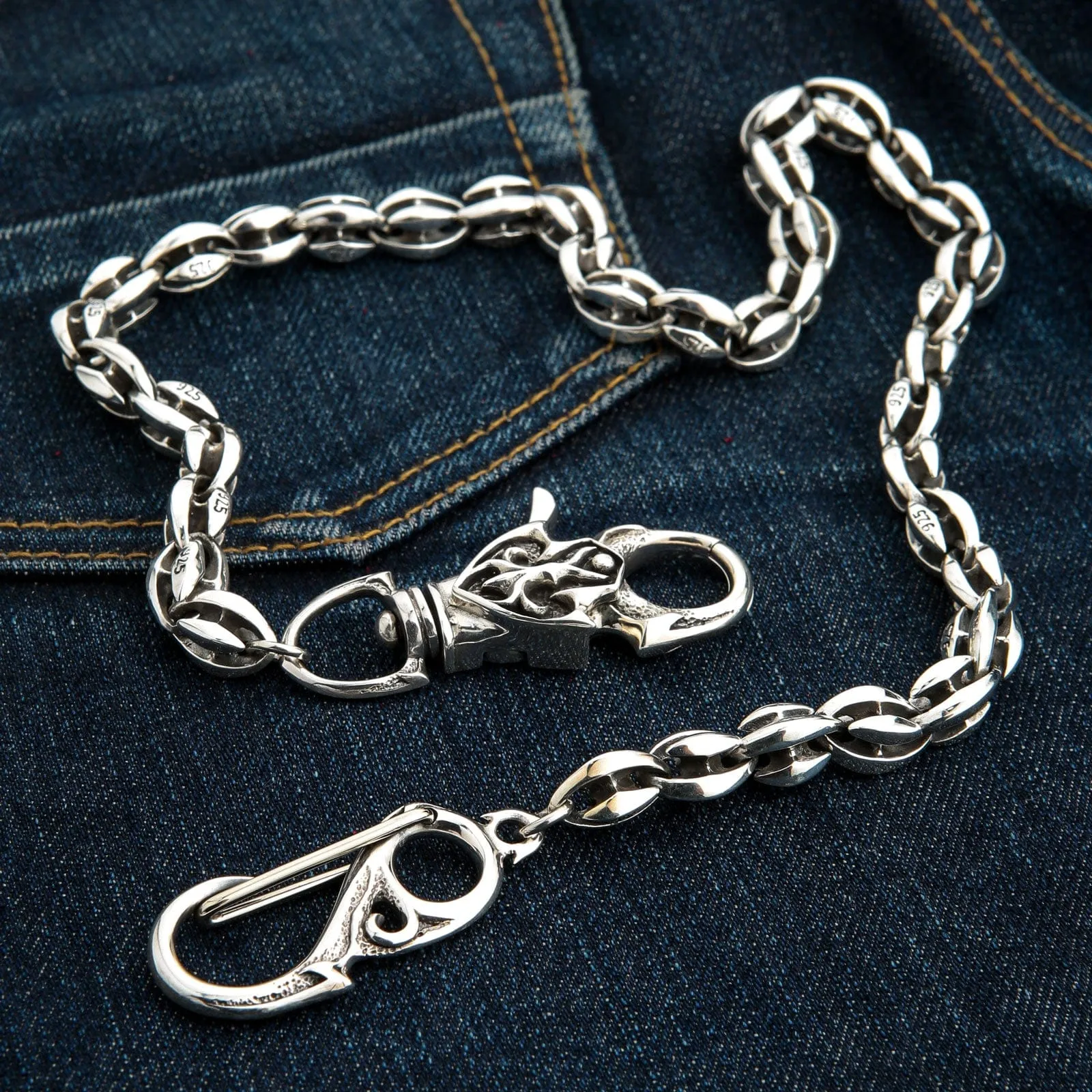 Sterling Silver Custom Blossom Blade Tribal Biker Wallet Chain