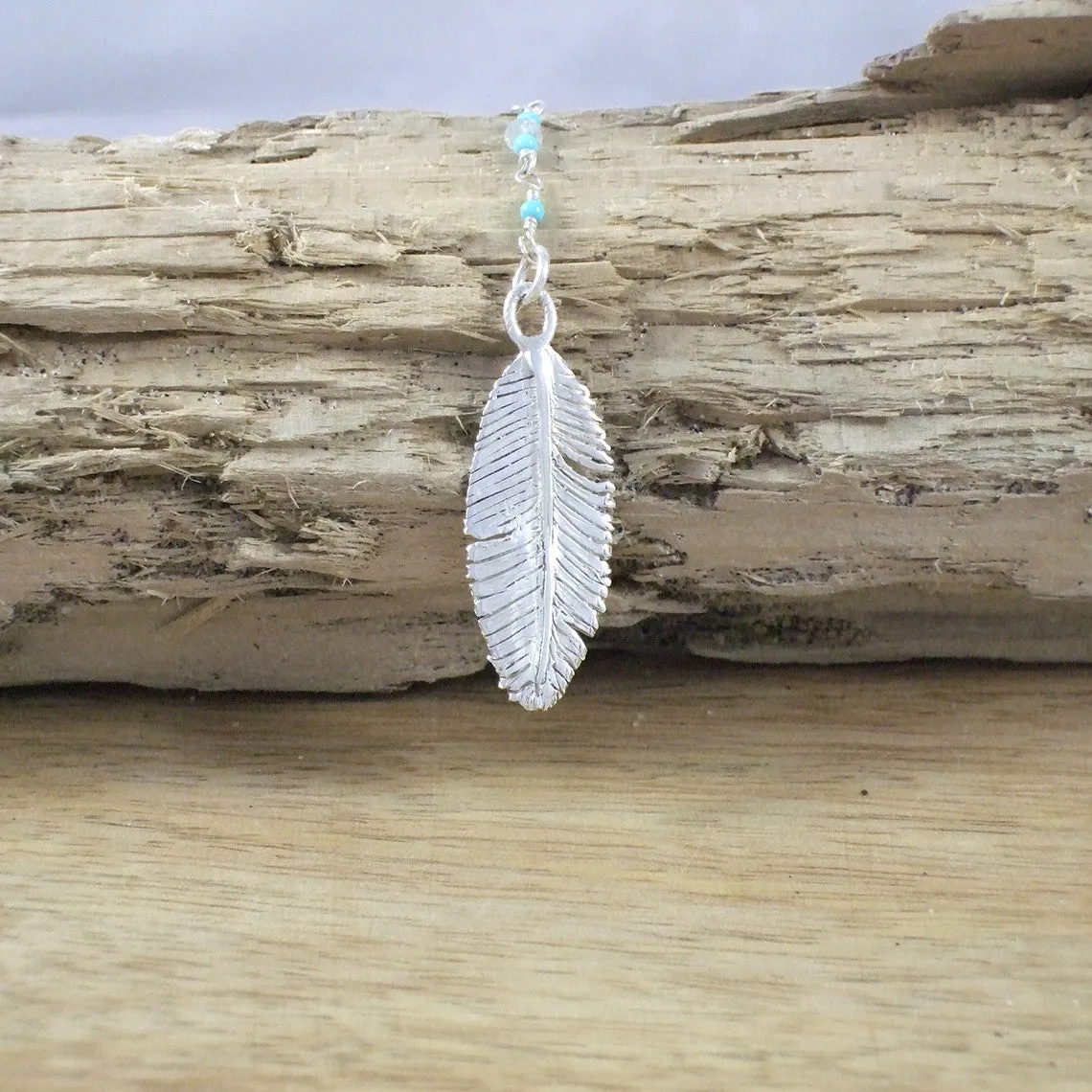 Sterling Silver Feather Necklace with Turquoise and Moonstone Beads