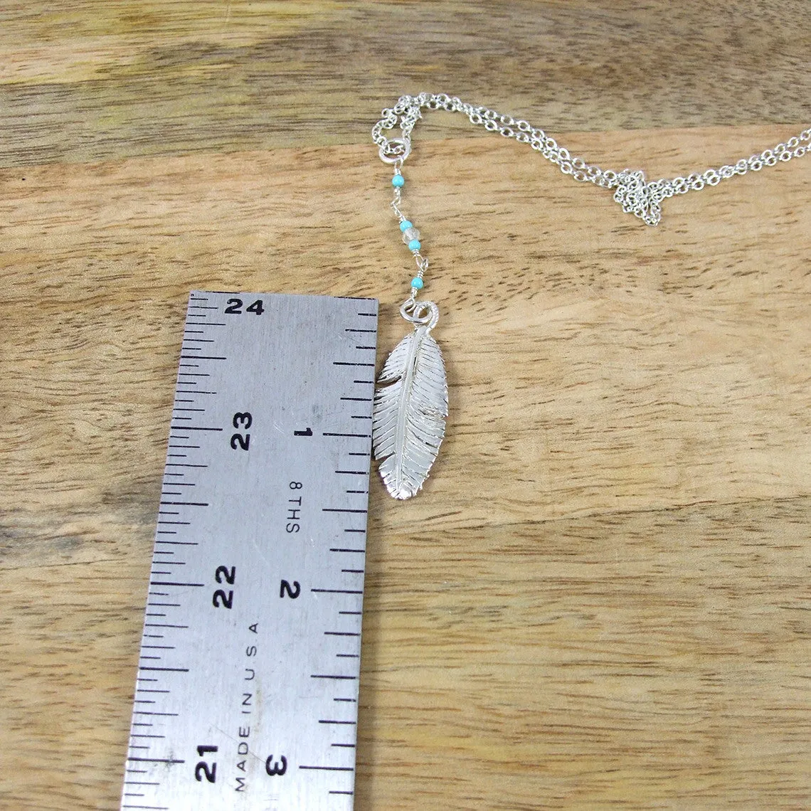 Sterling Silver Feather Necklace with Turquoise and Moonstone Beads
