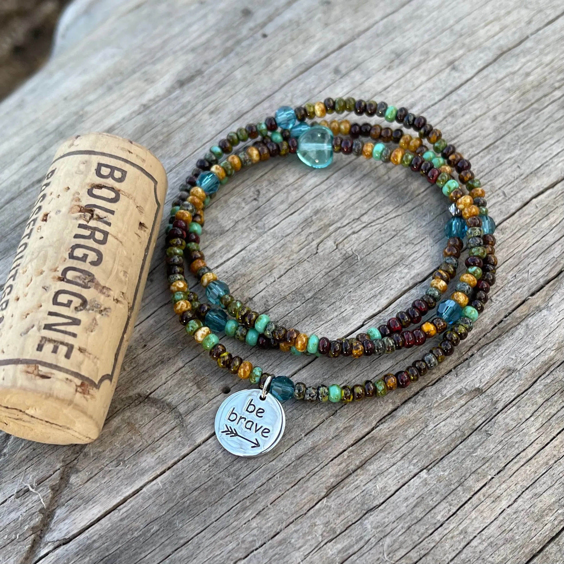 Stretch necklace or triple wrap bracelet with sterling be brave charm