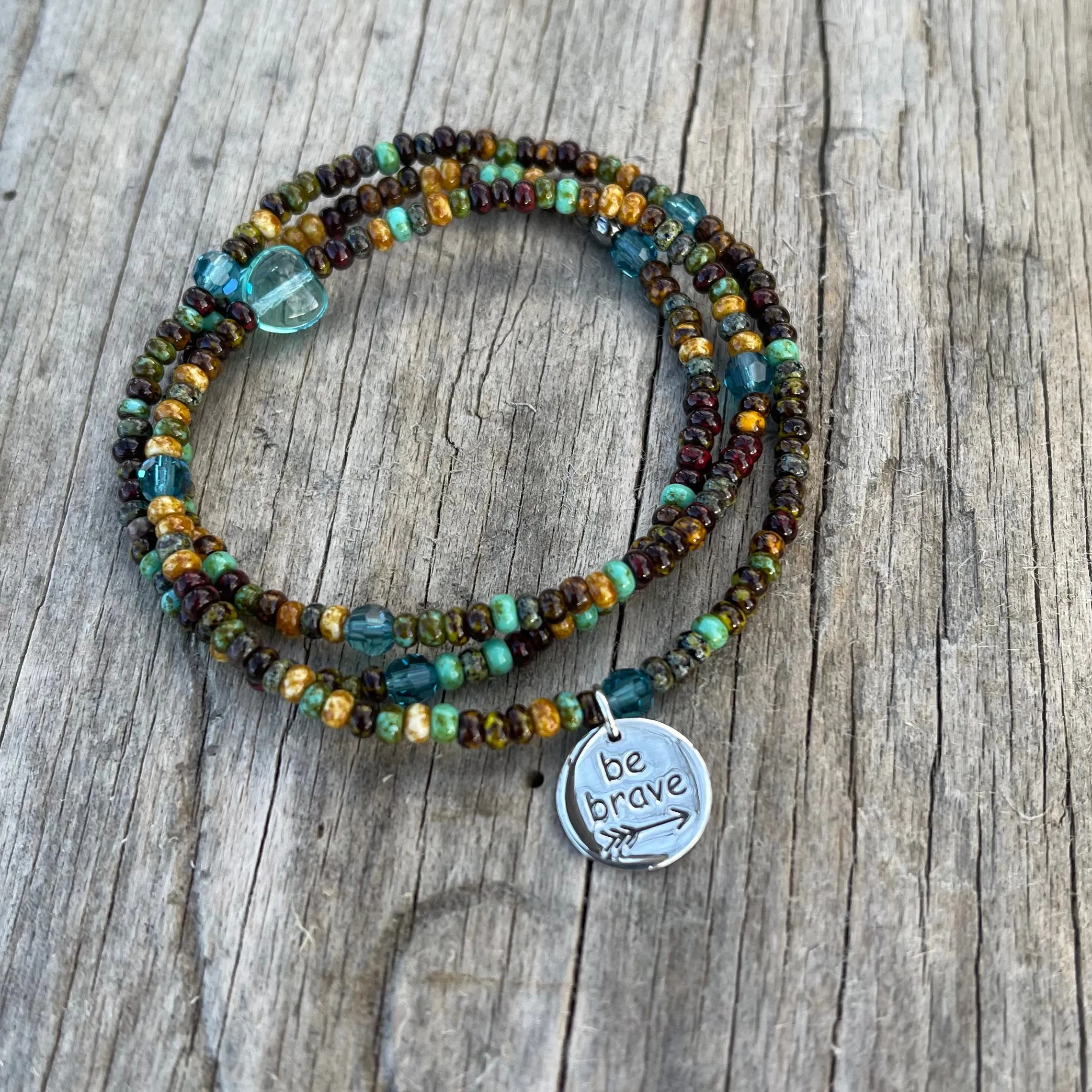 Stretch necklace or triple wrap bracelet with sterling be brave charm