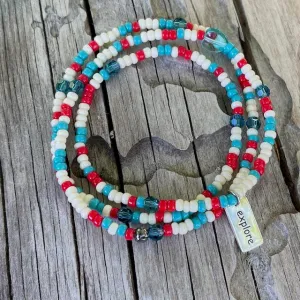 Stretch necklace or triple wrap bracelet with sterling explore charm