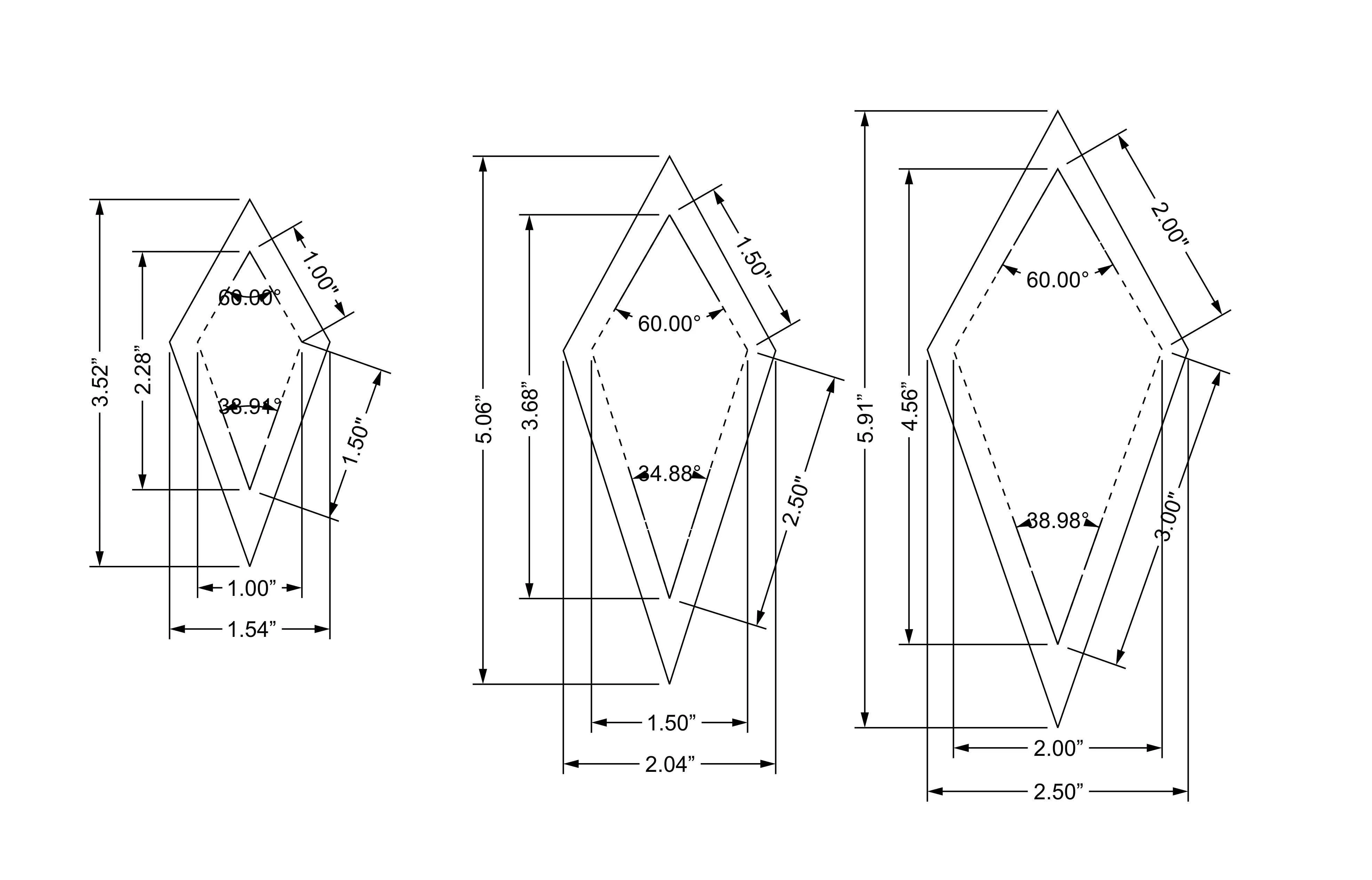 Stretched Diamond Templates 1, 1.5, 2 Inches wide - Clear with guideline Holes 1/8 Inch Thick
