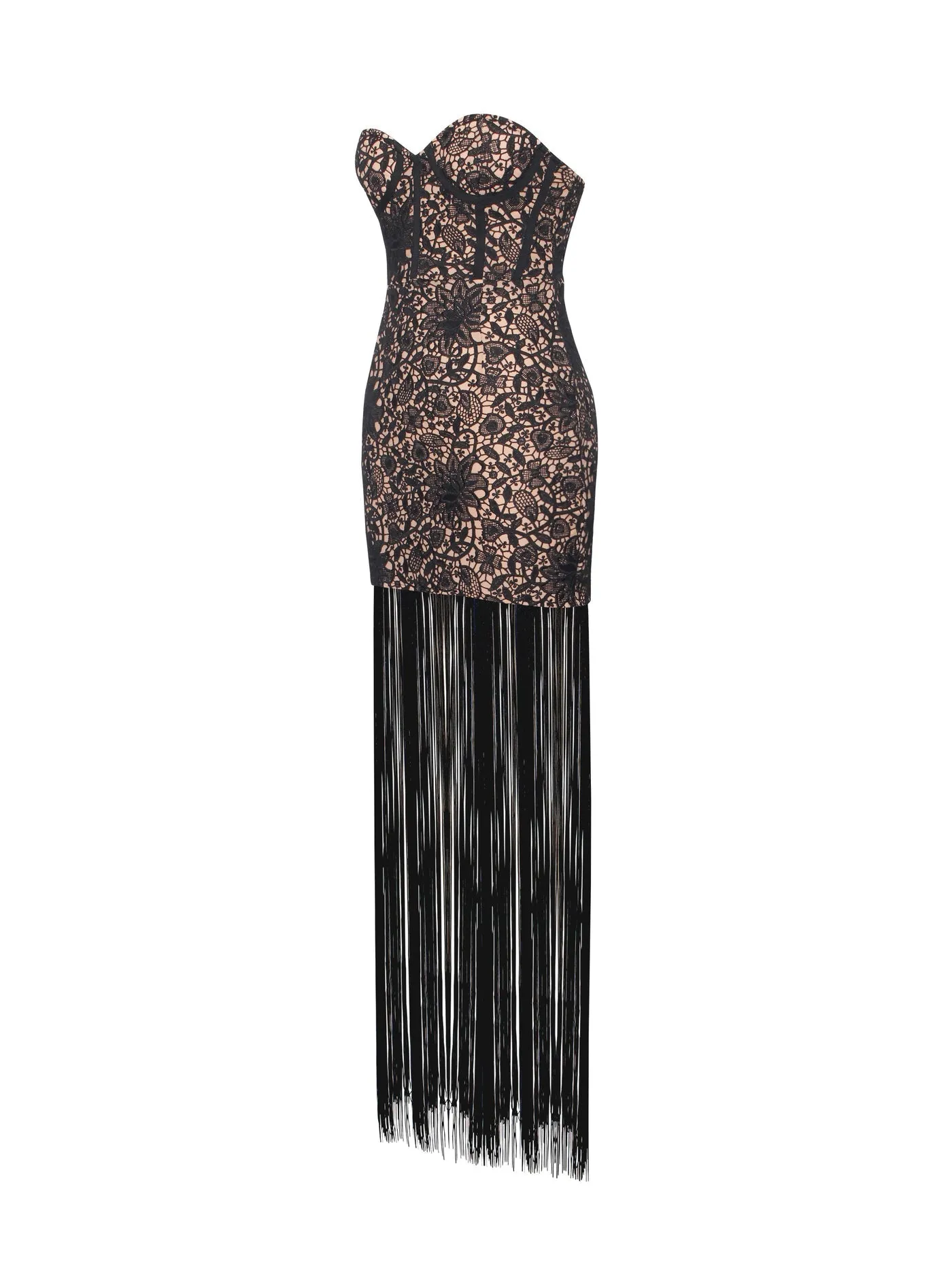 String Me Along Lace Fringed Strapless Dress x Black