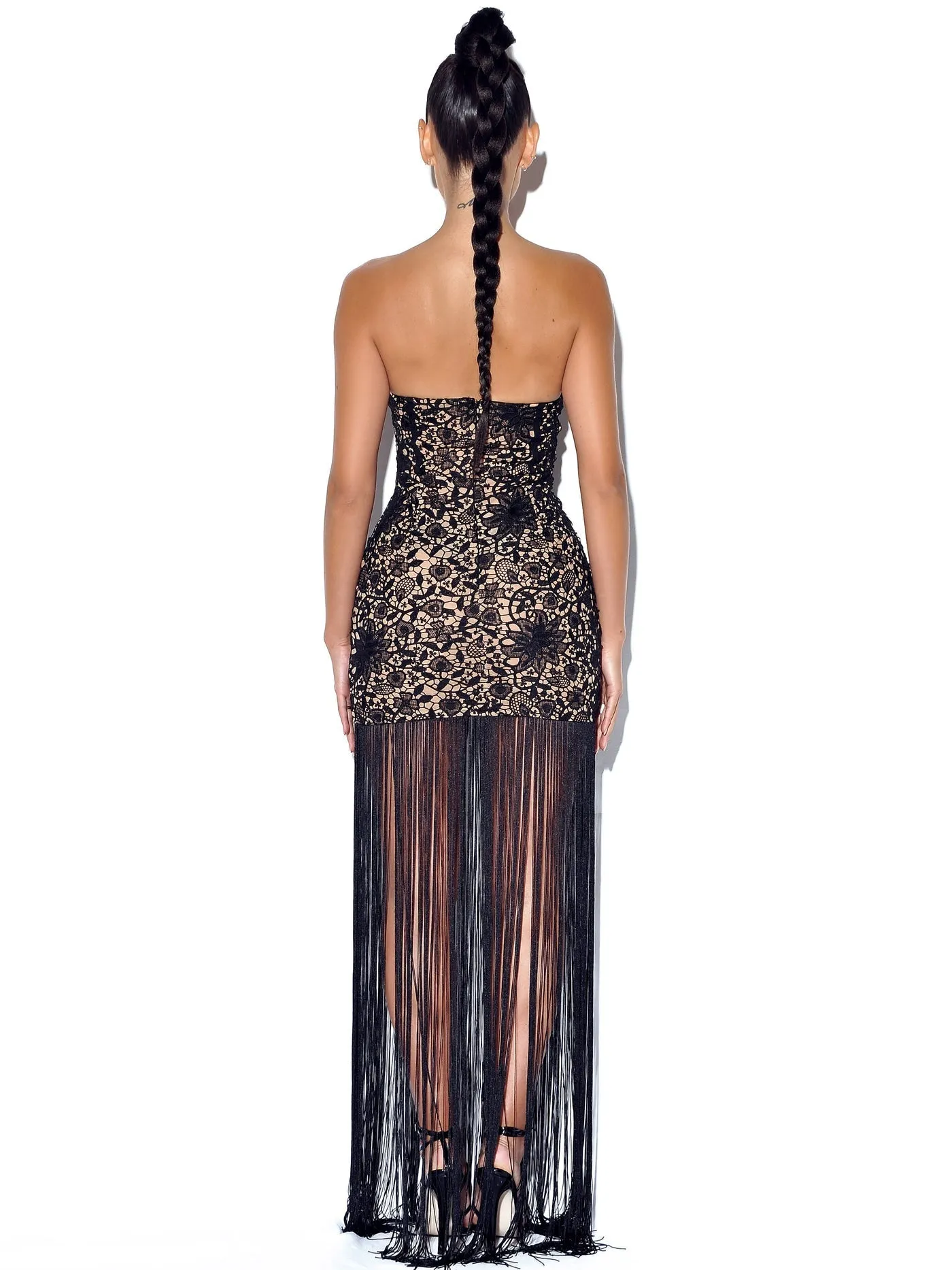 String Me Along Lace Fringed Strapless Dress x Black