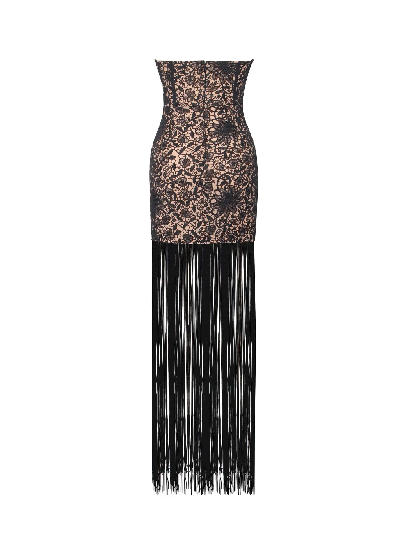 String Me Along Lace Fringed Strapless Dress x Black