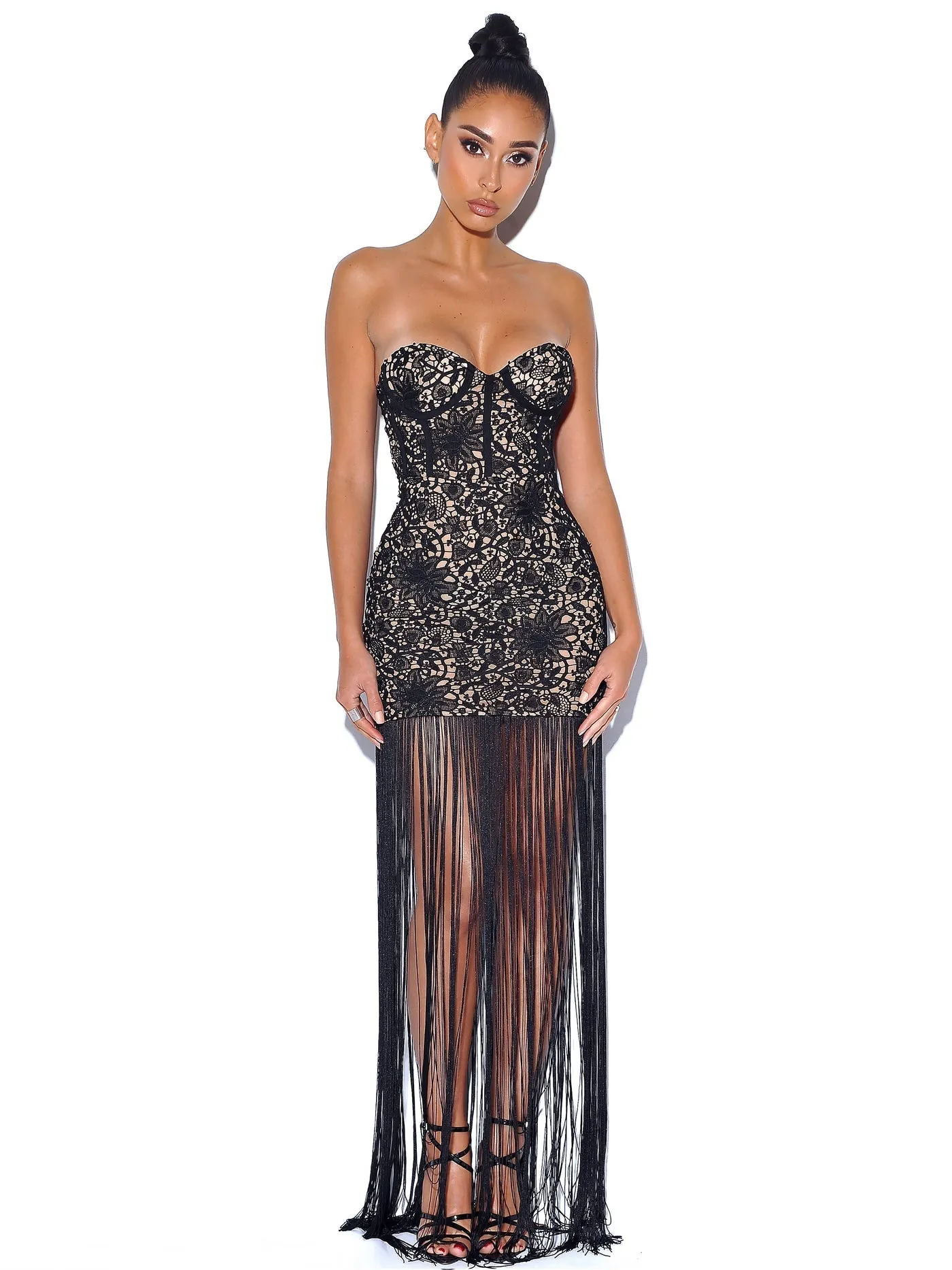 String Me Along Lace Fringed Strapless Dress x Black
