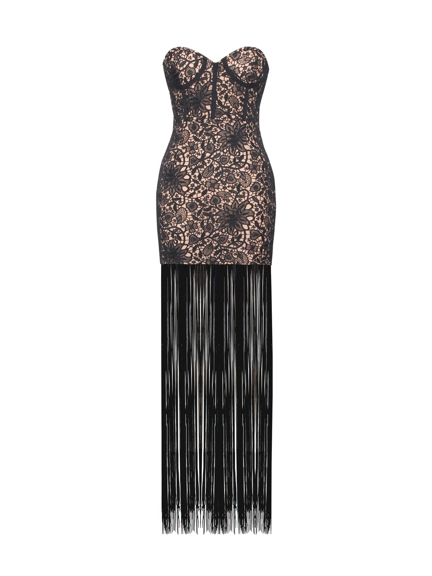 String Me Along Lace Fringed Strapless Dress x Black