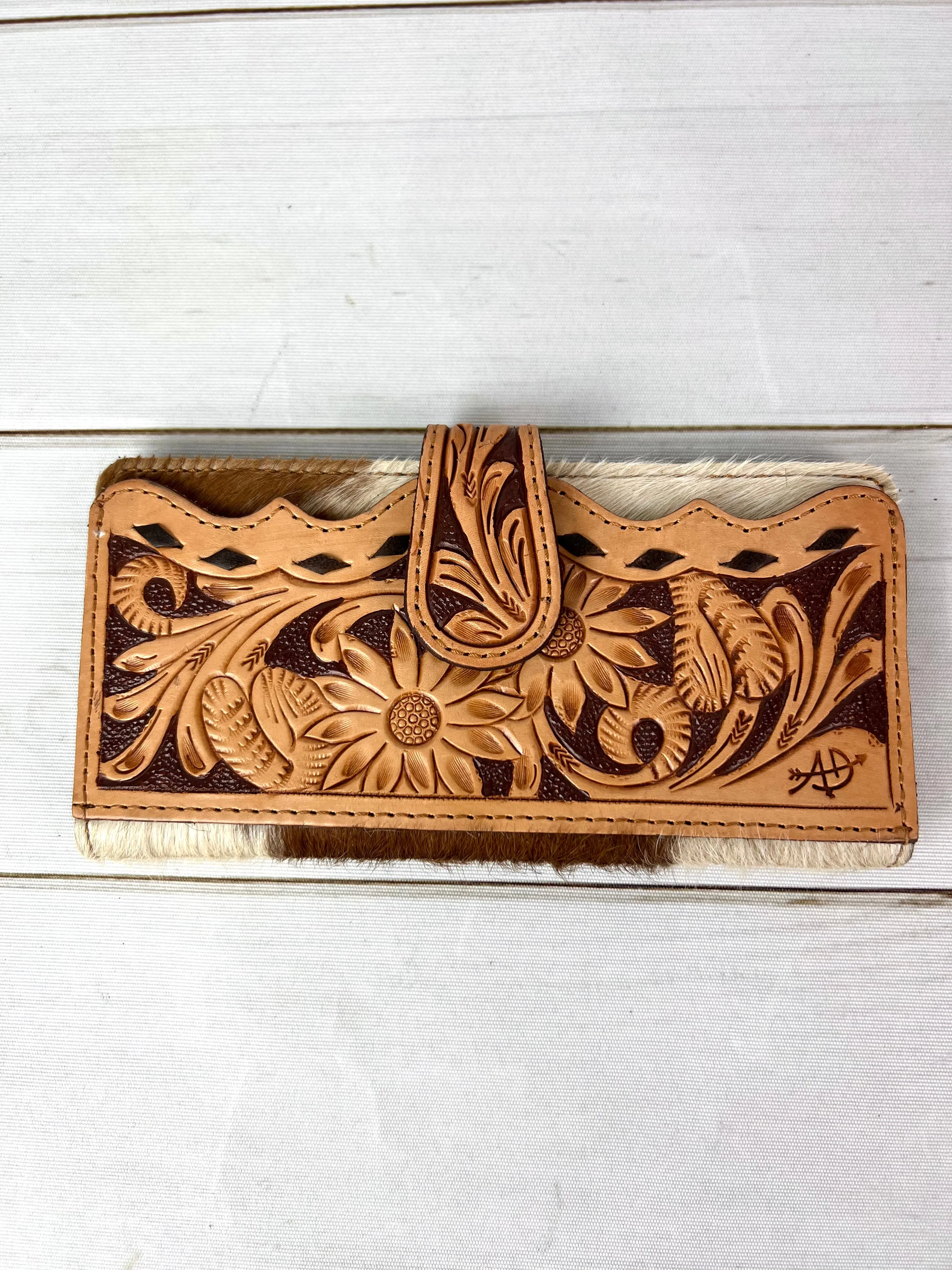Sunflower Tooled Buckstitch and Leather Scalloped Cowhide Wallet
