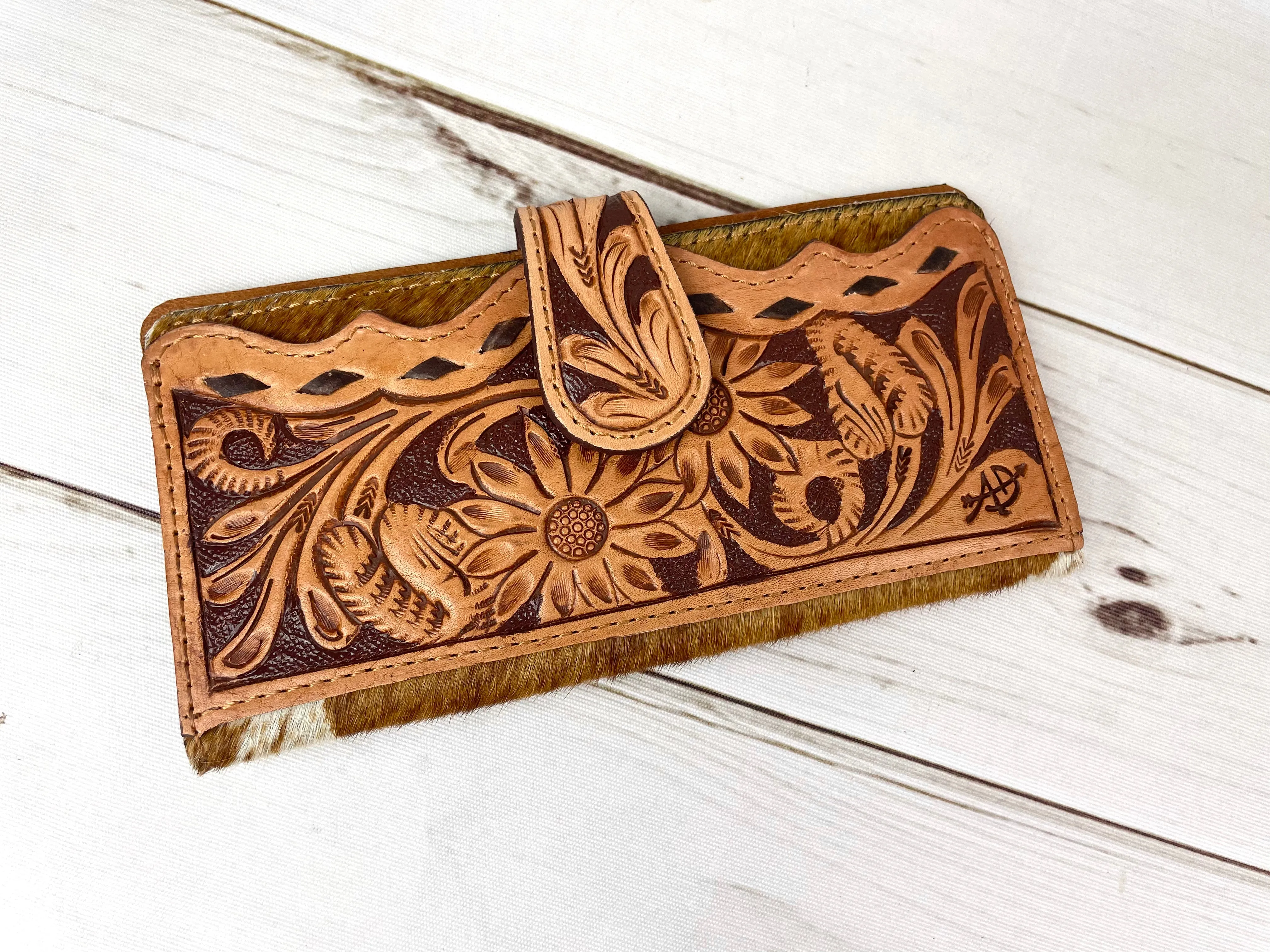 Sunflower Tooled Buckstitch and Leather Scalloped Cowhide Wallet