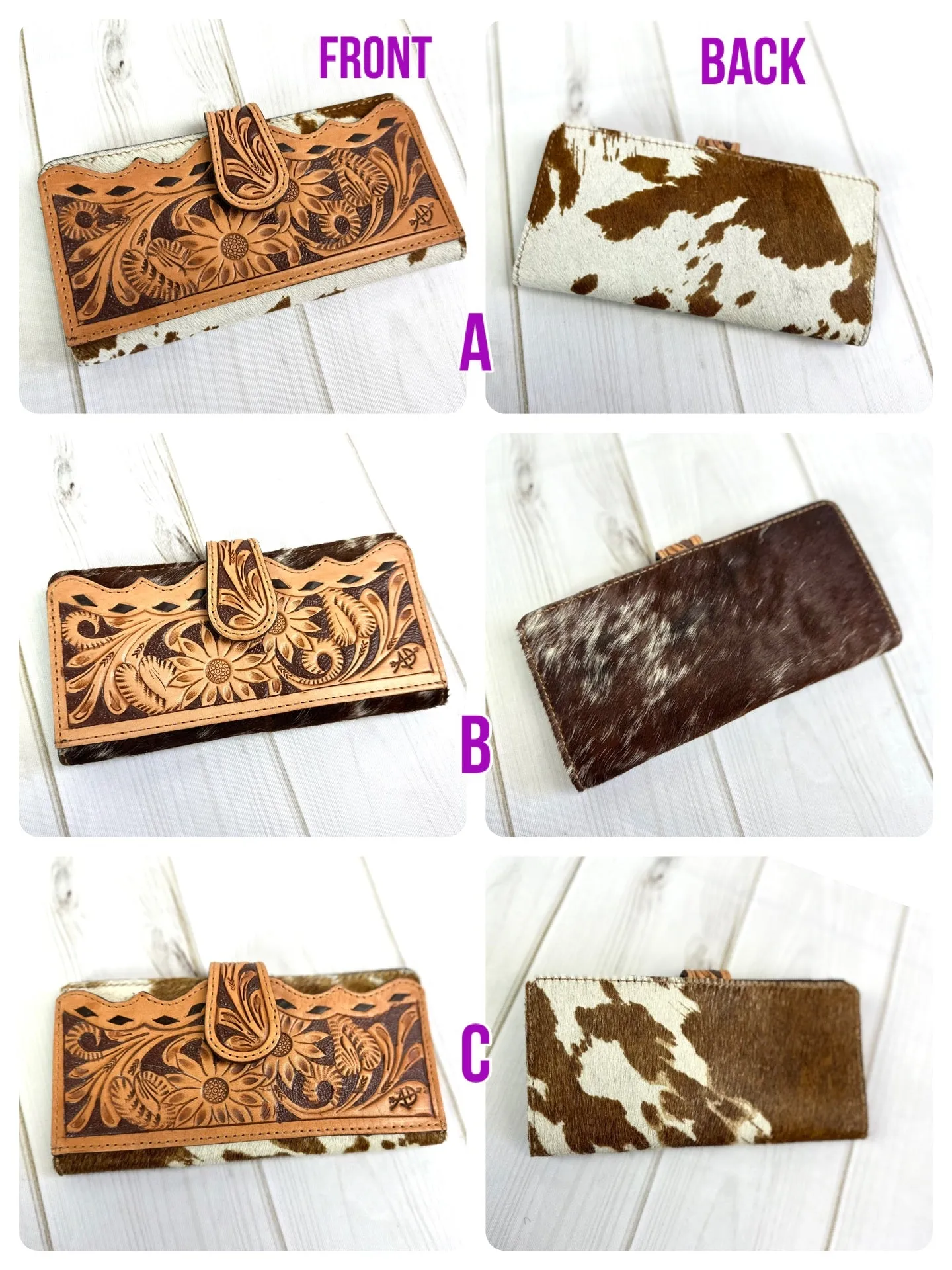 Sunflower Tooled Buckstitch and Leather Scalloped Cowhide Wallet