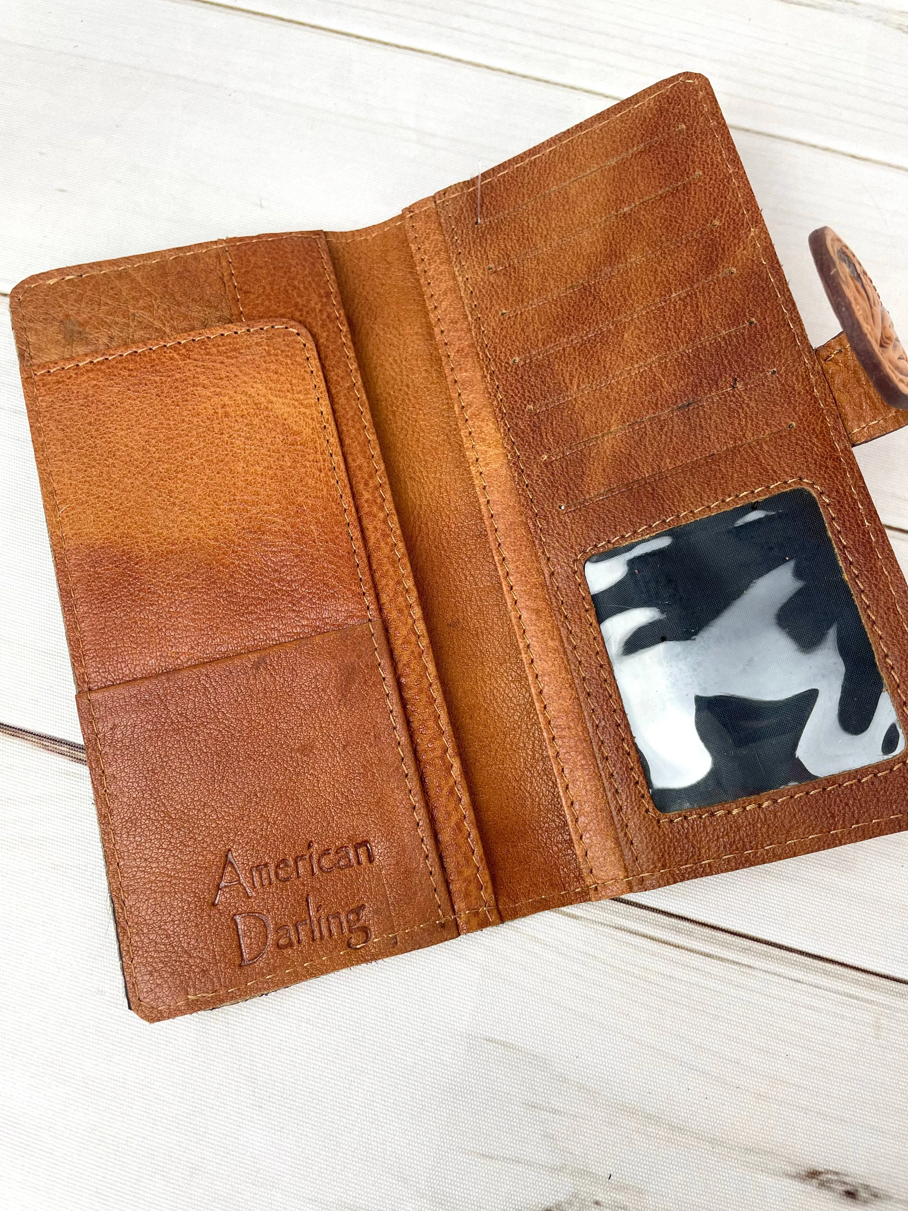 Sunflower Tooled Buckstitch and Leather Scalloped Cowhide Wallet