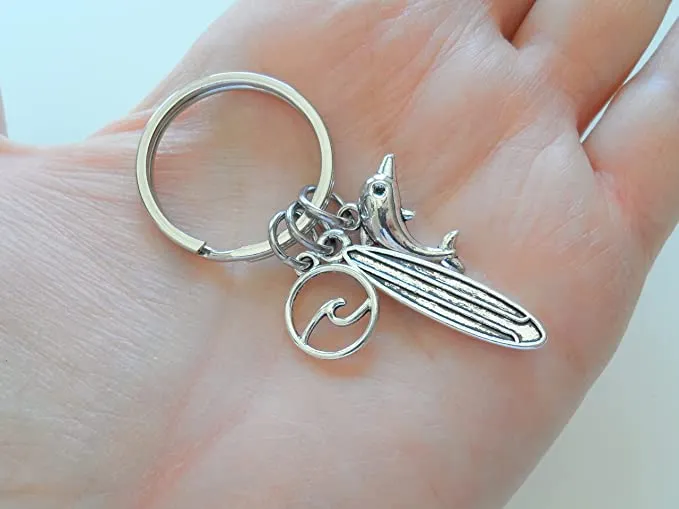 Surfer's Keychain, Surfboard, Wave & Dolphin Charm