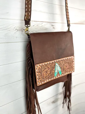 Tombstone Feather Tooled Band Leather Flap Fringe Crossbody Purse