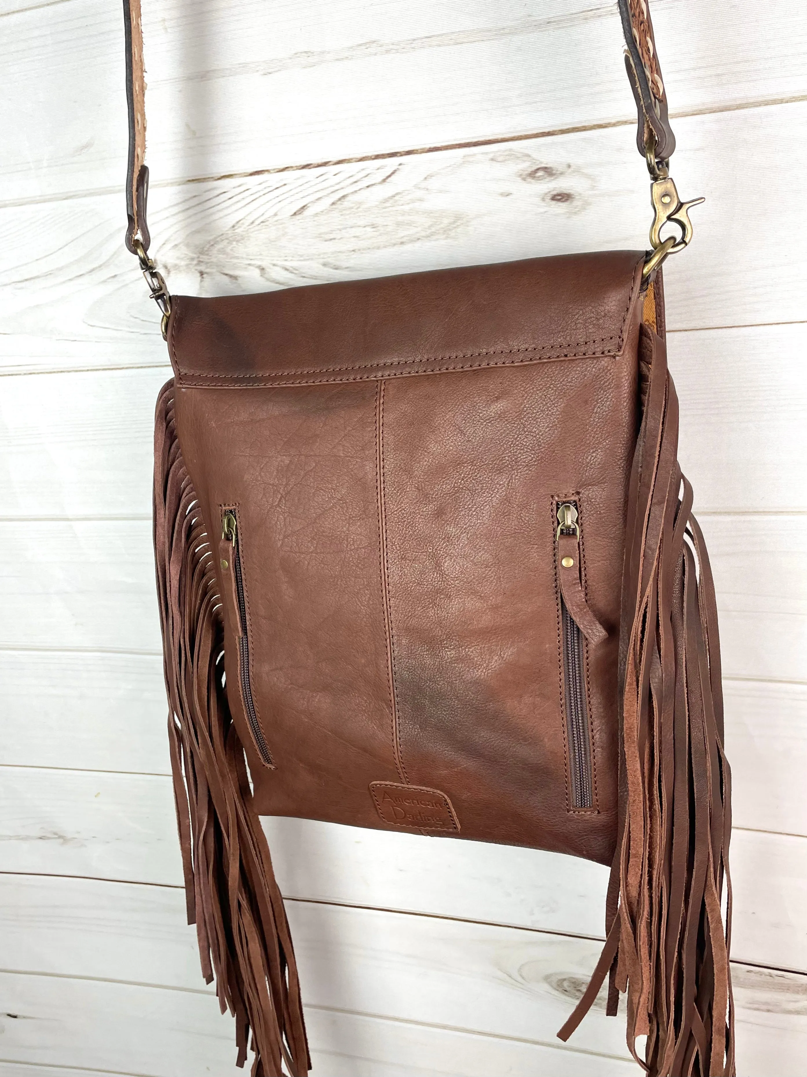 Tombstone Feather Tooled Band Leather Flap Fringe Crossbody Purse