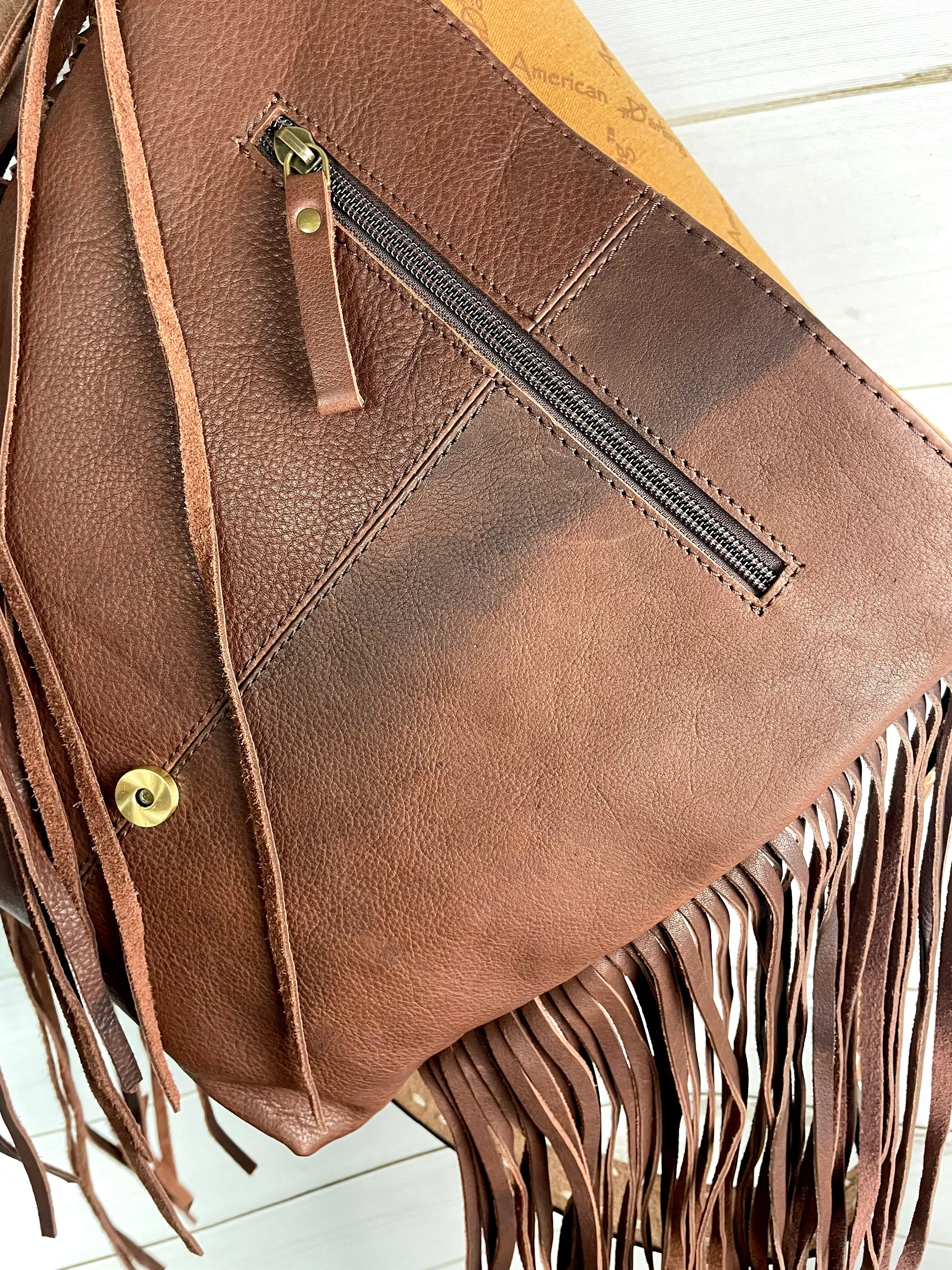 Tombstone Feather Tooled Band Leather Flap Fringe Crossbody Purse