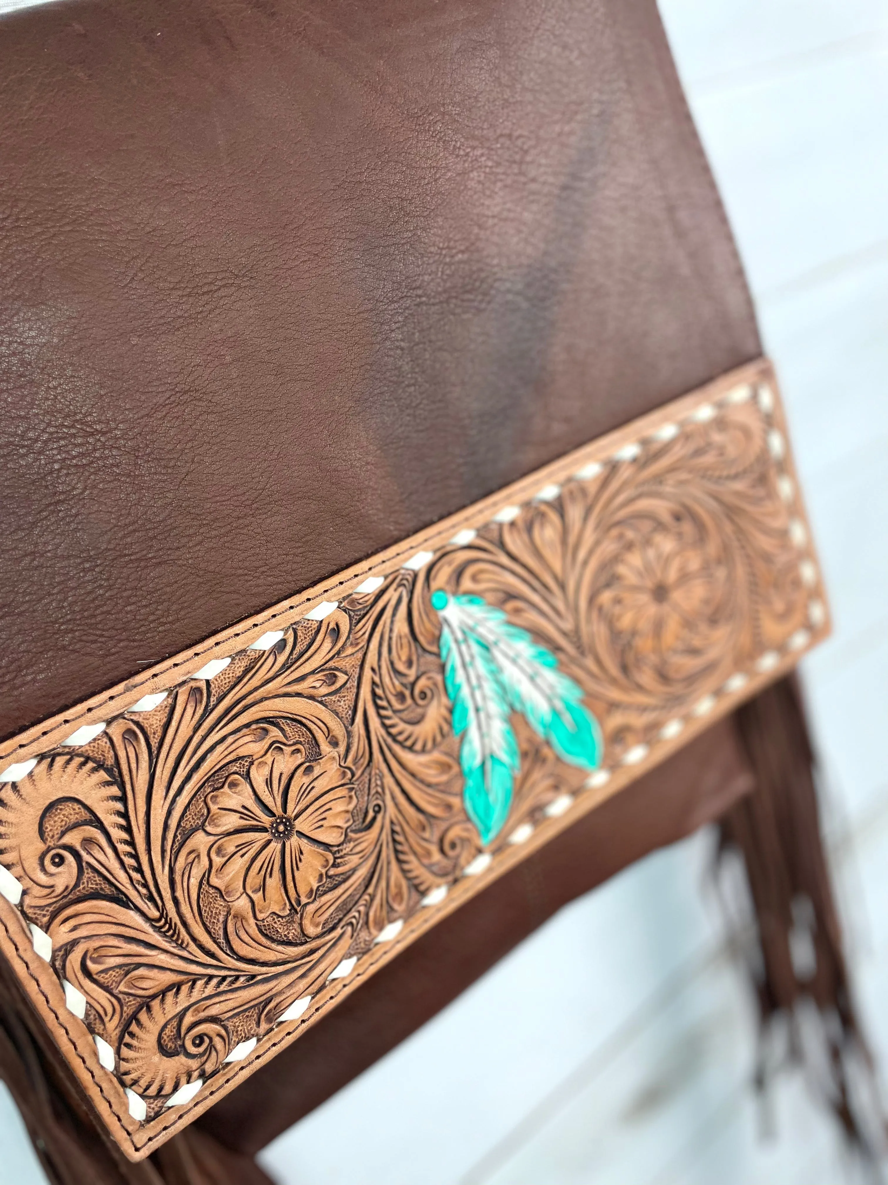 Tombstone Feather Tooled Band Leather Flap Fringe Crossbody Purse