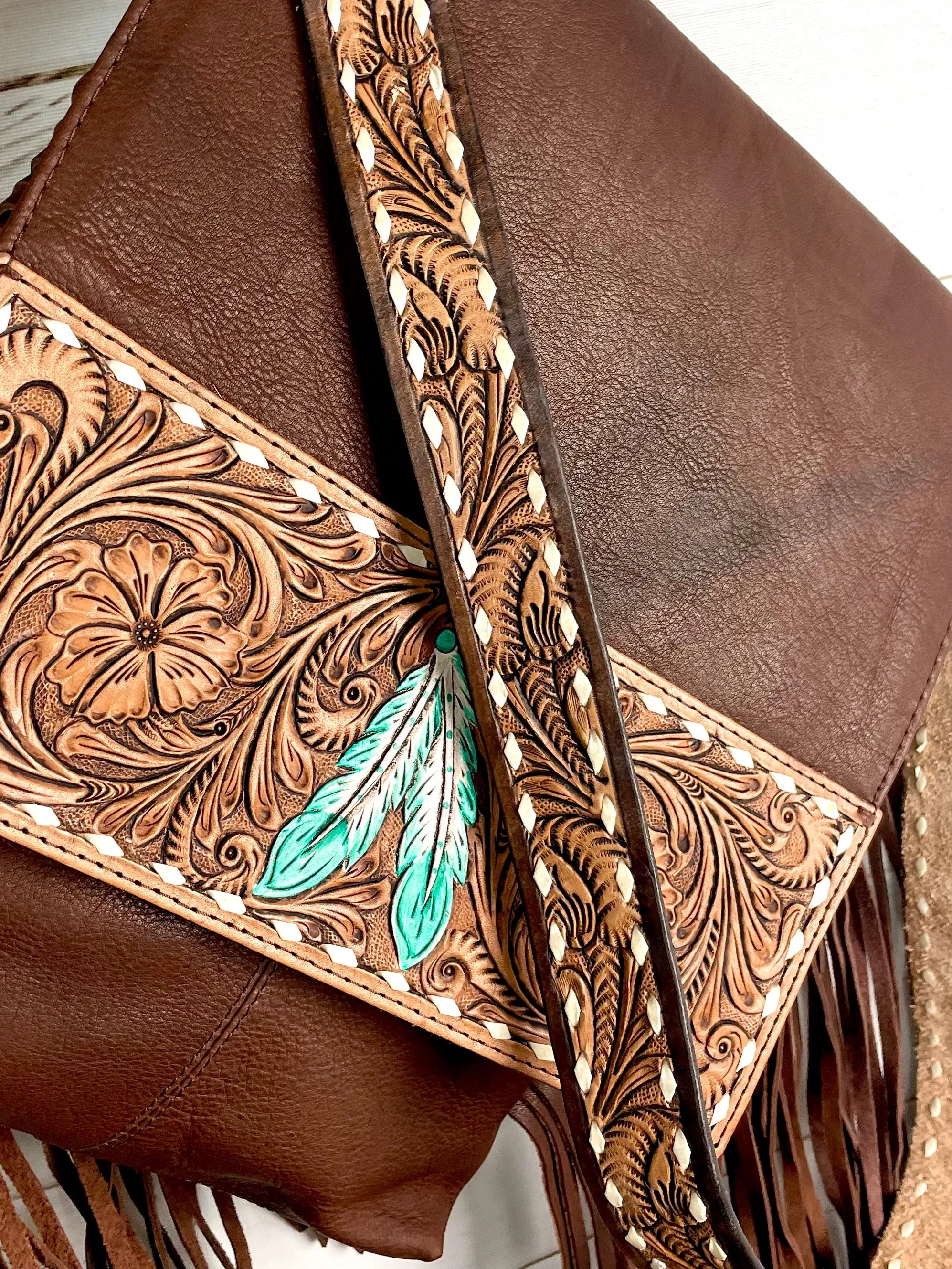 Tombstone Feather Tooled Band Leather Flap Fringe Crossbody Purse