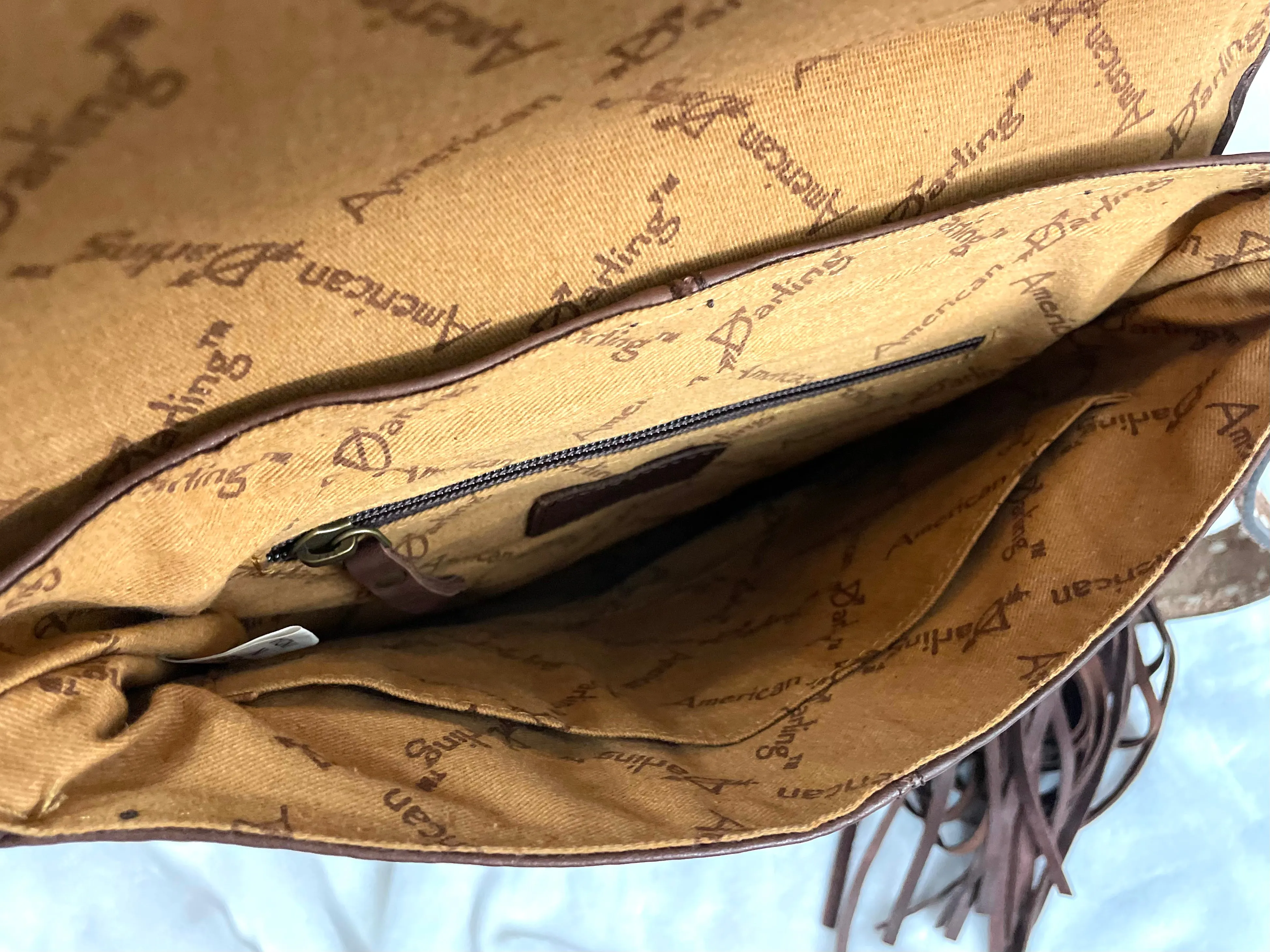 Tombstone Feather Tooled Band Leather Flap Fringe Crossbody Purse