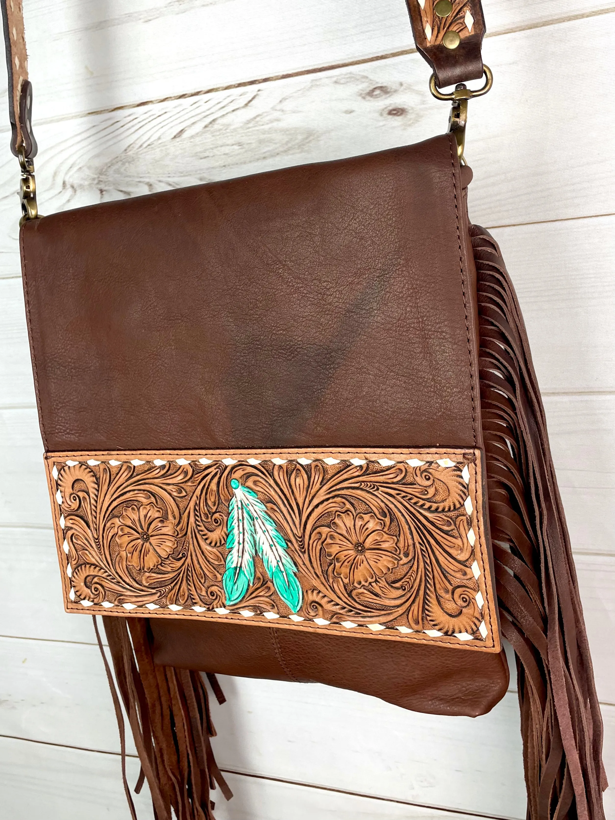 Tombstone Feather Tooled Band Leather Flap Fringe Crossbody Purse