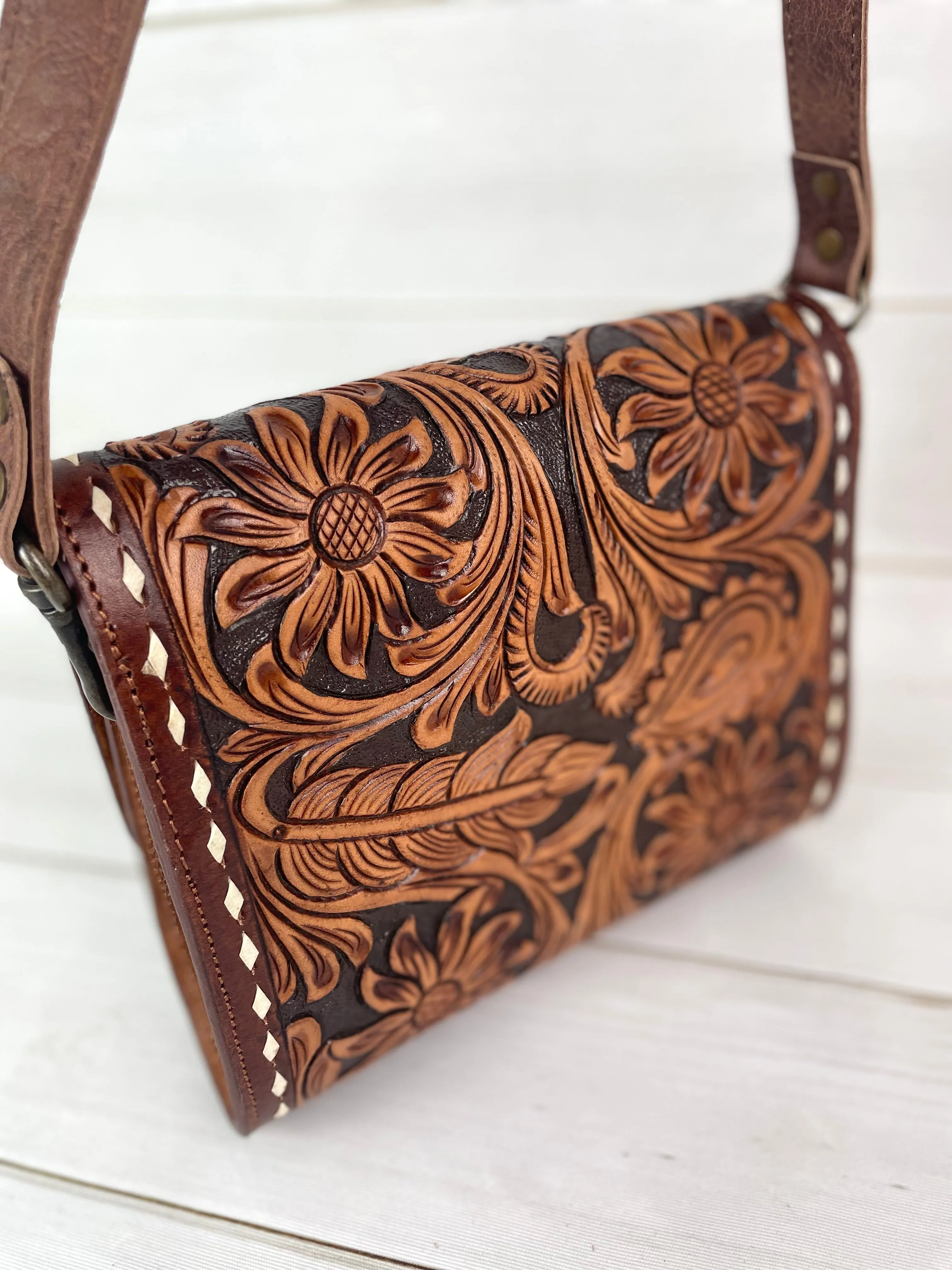 Tooled Leather Clutch Handbag