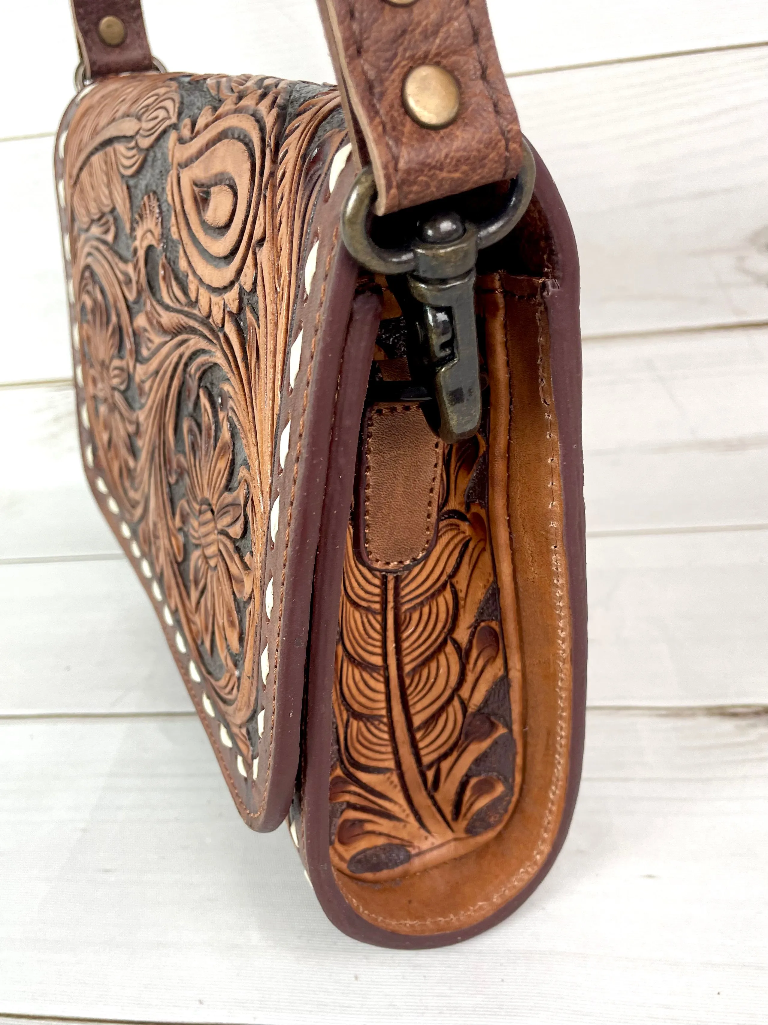 Tooled Leather Clutch Handbag