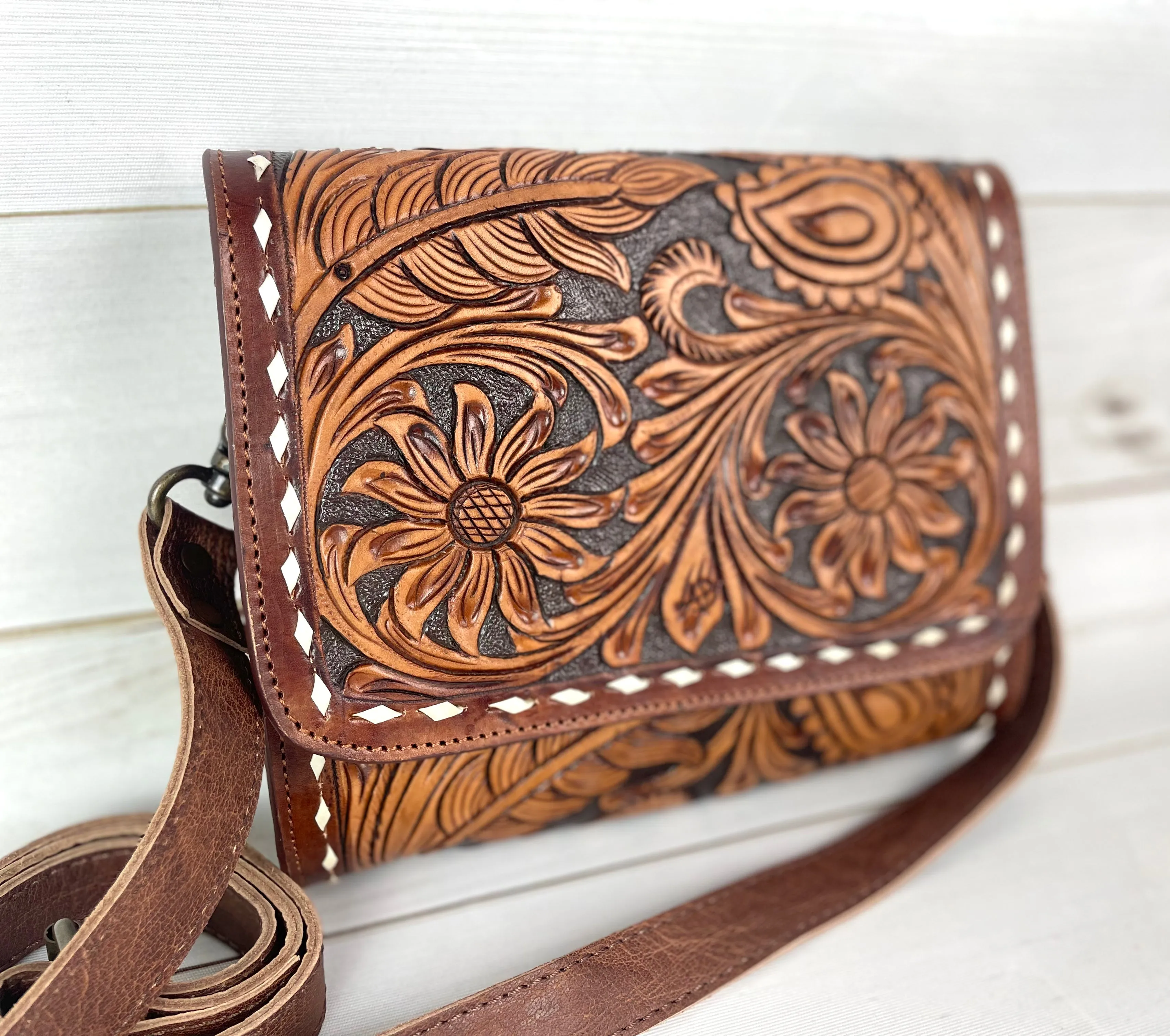 Tooled Leather Clutch Handbag