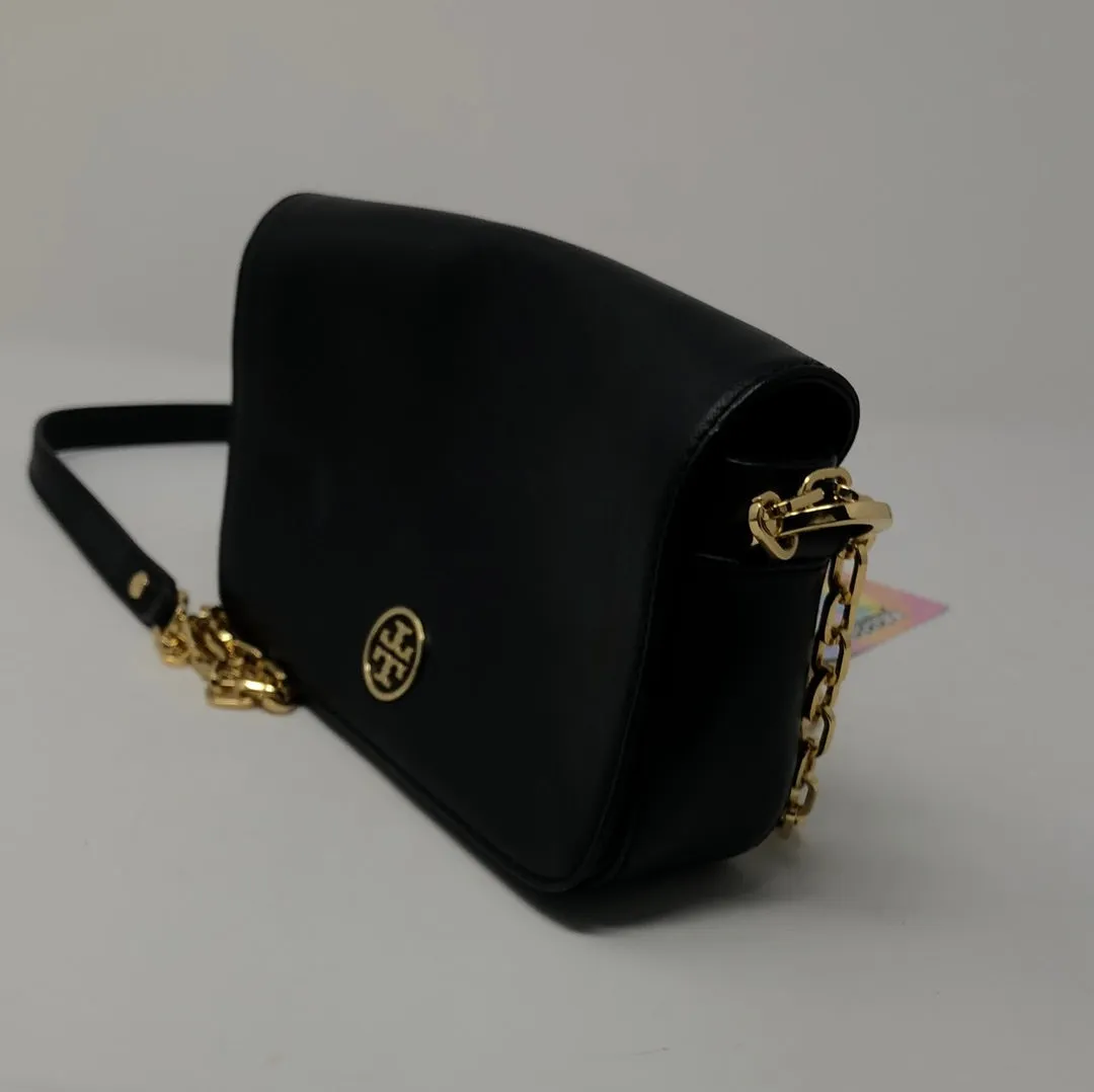 Tory Burch Black Leather Small Flap Bag with Back Pocket and Gold Hardware