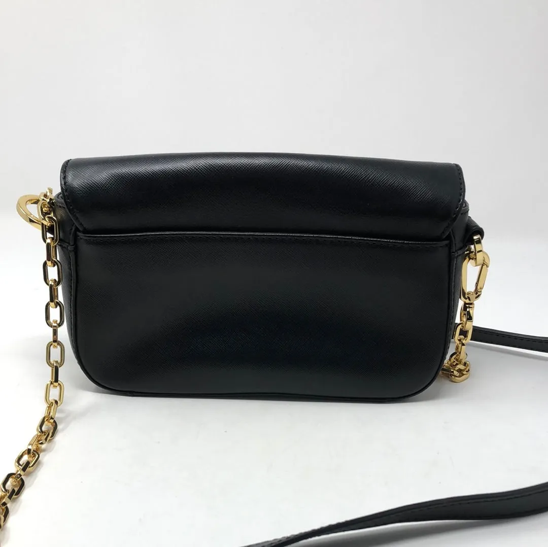 Tory Burch Black Leather Small Flap Bag with Back Pocket and Gold Hardware