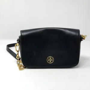 Tory Burch Black Leather Small Flap Bag with Back Pocket and Gold Hardware