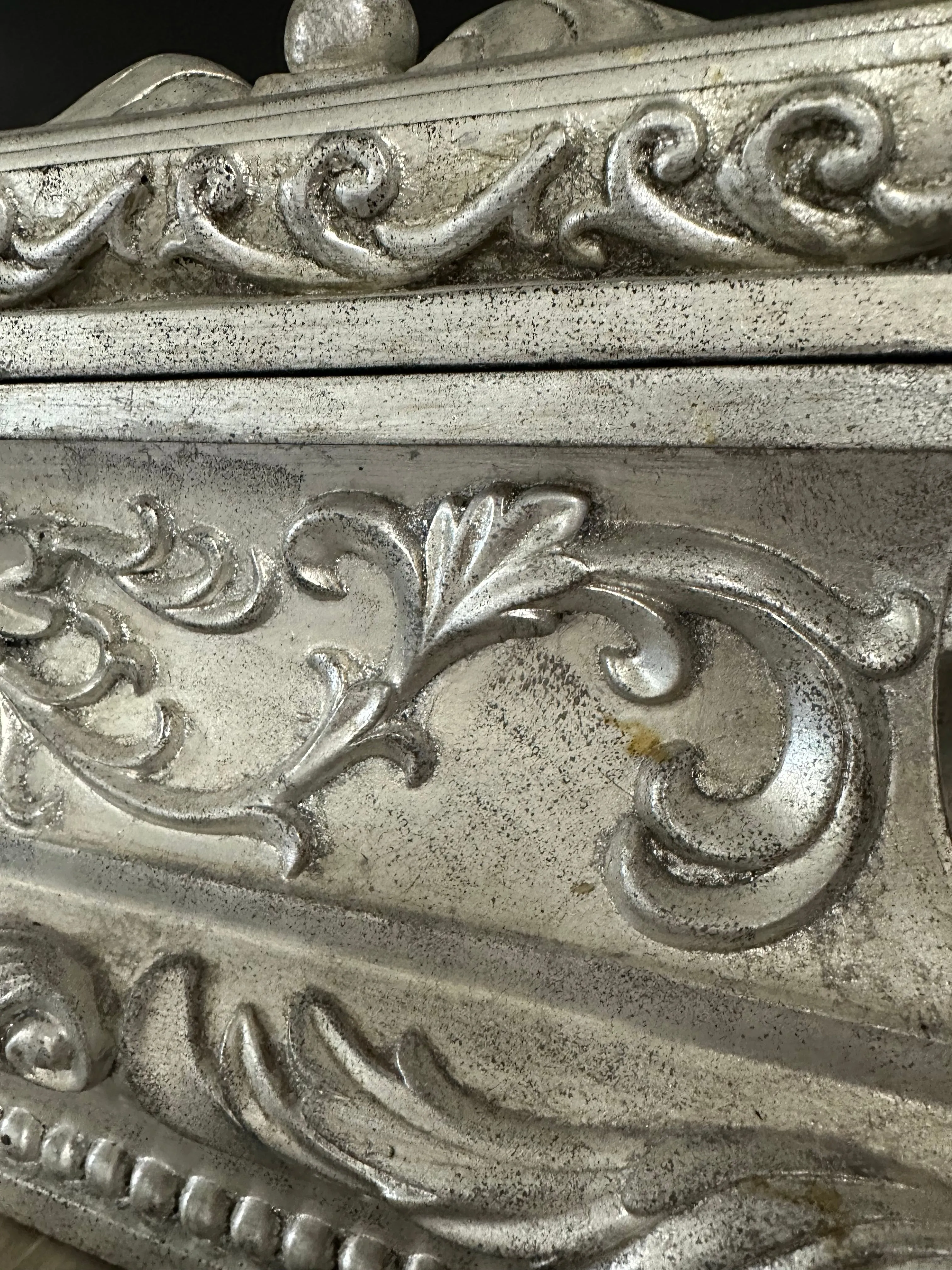 Victorian Hollywood Regency Baroque Style Jewelry Trinket Storage Carved Pewter Silver Box