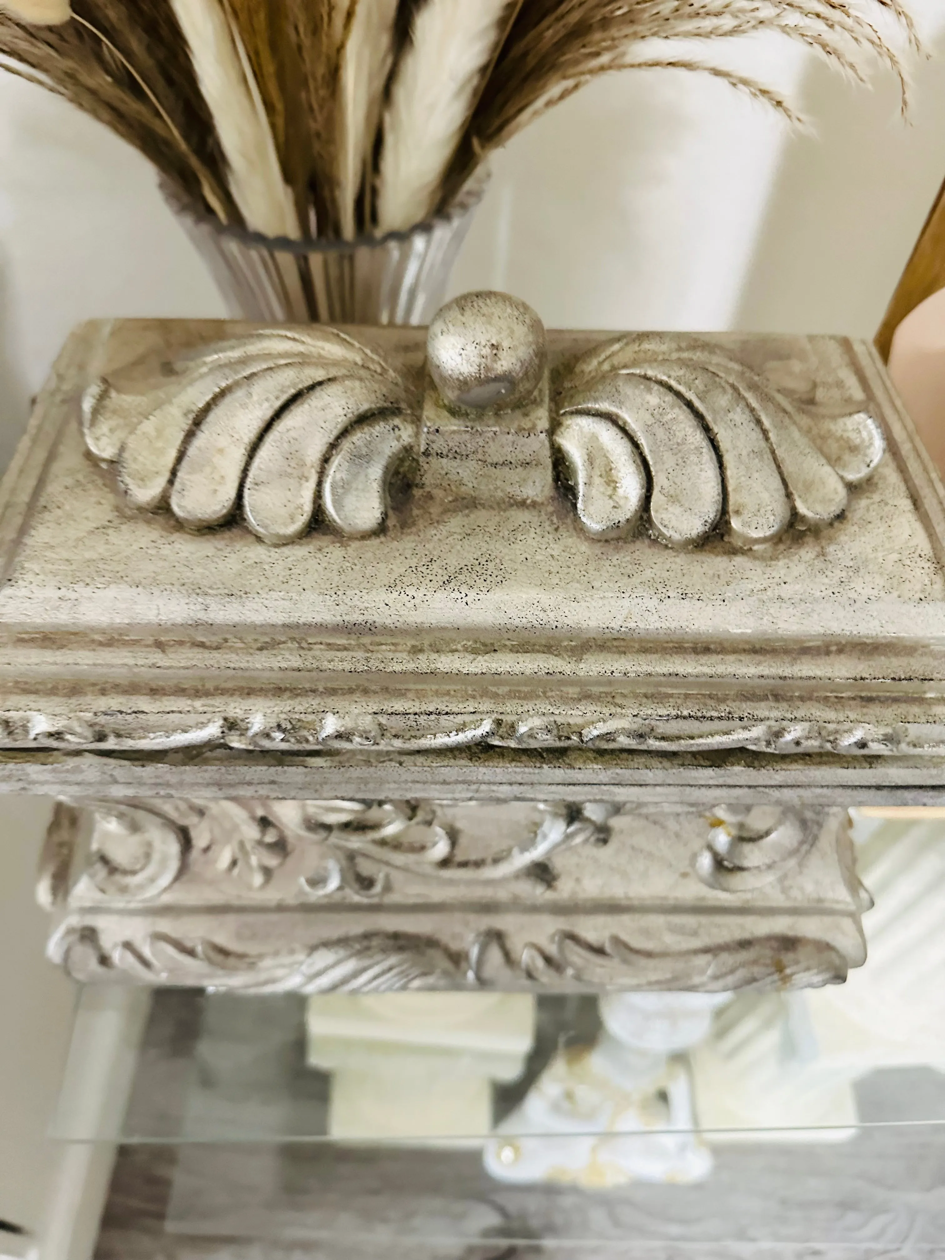 Victorian Hollywood Regency Baroque Style Jewelry Trinket Storage Carved Pewter Silver Box