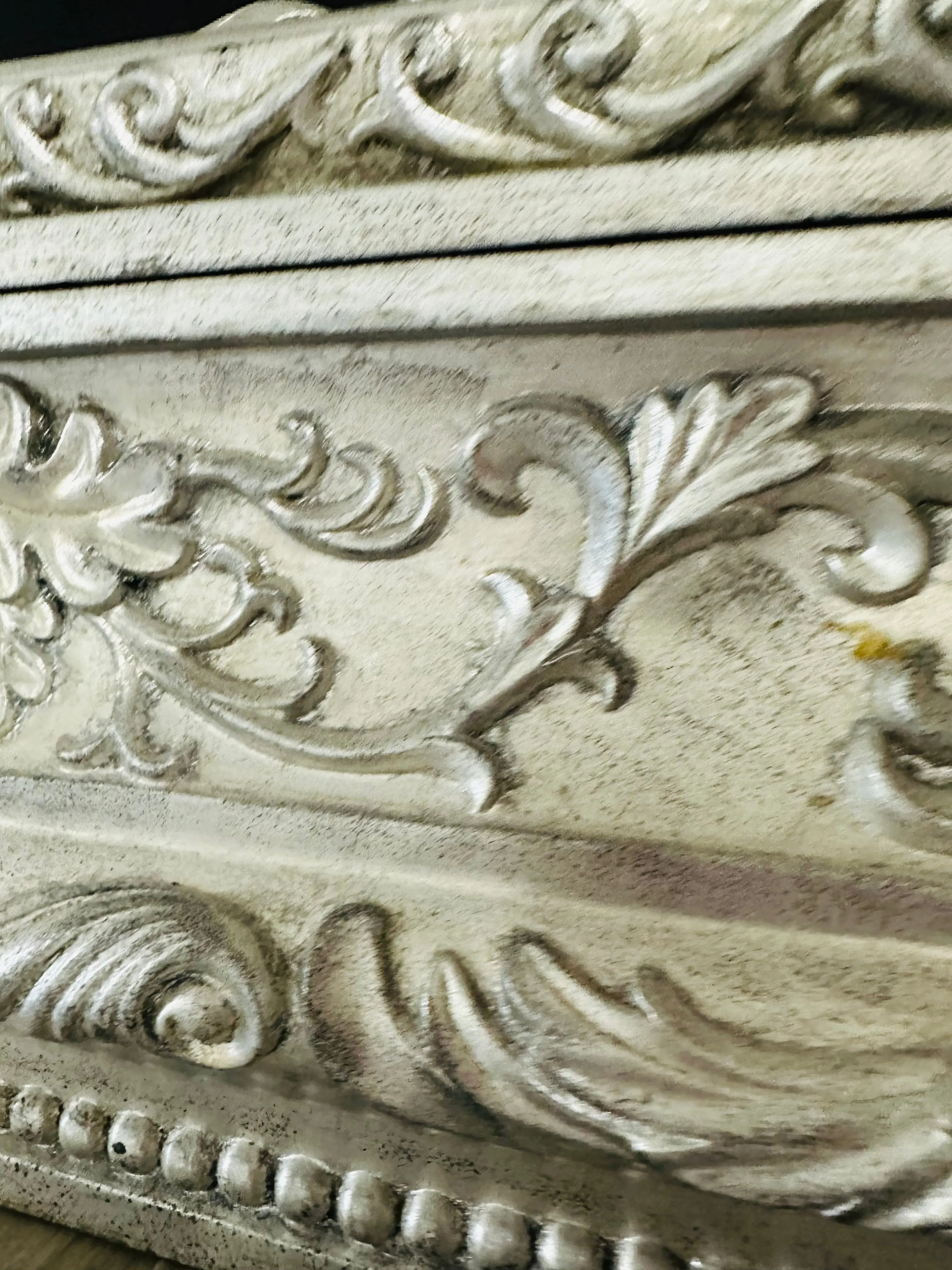 Victorian Hollywood Regency Baroque Style Jewelry Trinket Storage Carved Pewter Silver Box