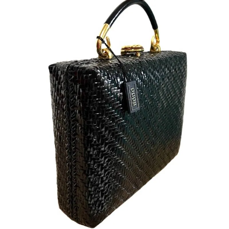Vintage 1960s Rodo Italy Black Wicker Woven Purse Briefcase Bag NWT/Box