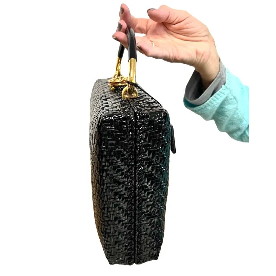 Vintage 1960s Rodo Italy Black Wicker Woven Purse Briefcase Bag NWT/Box